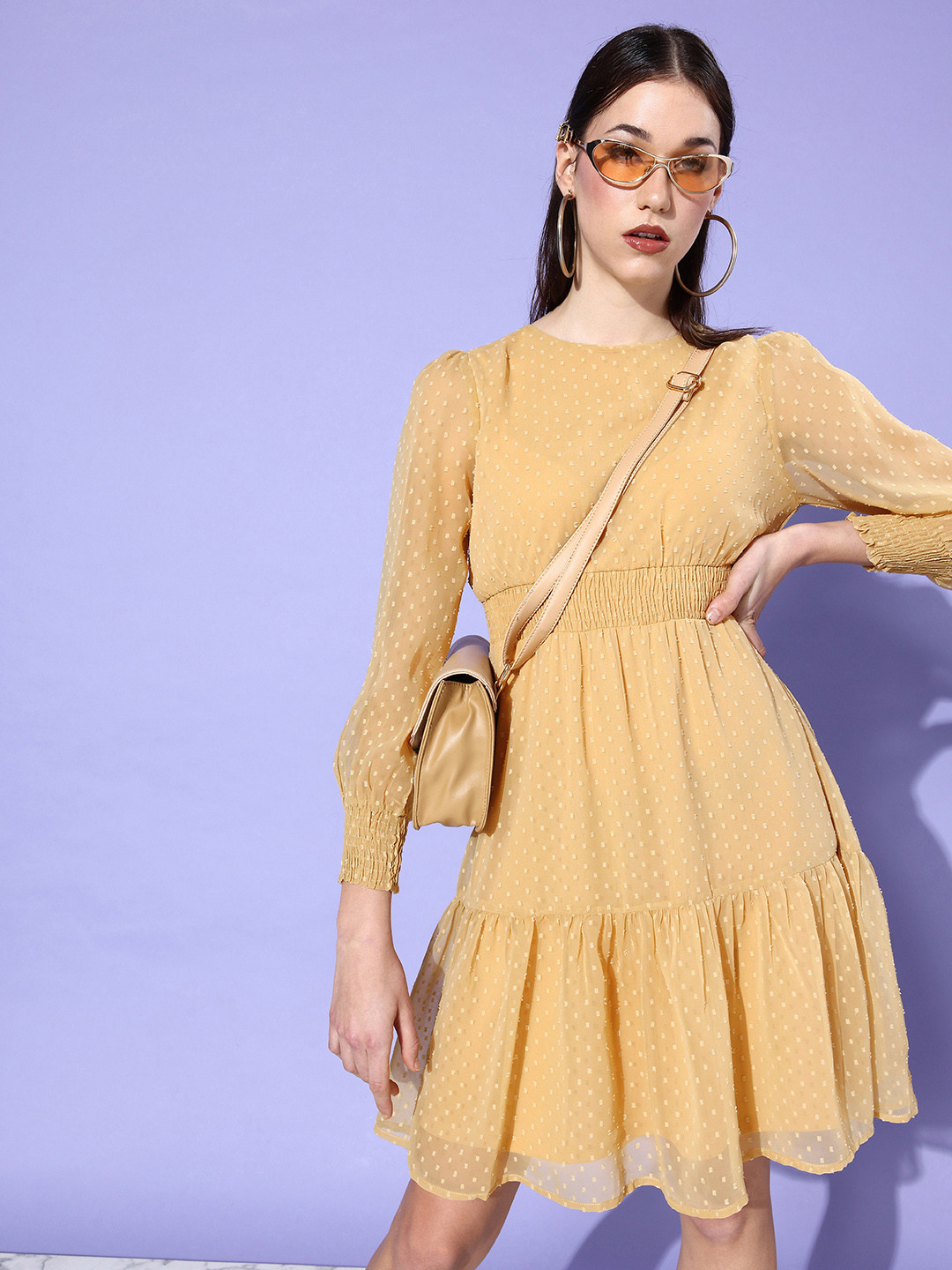 DressBerry Dobby Puff Sleeves Fit & Flare Dress With Smocked Detail