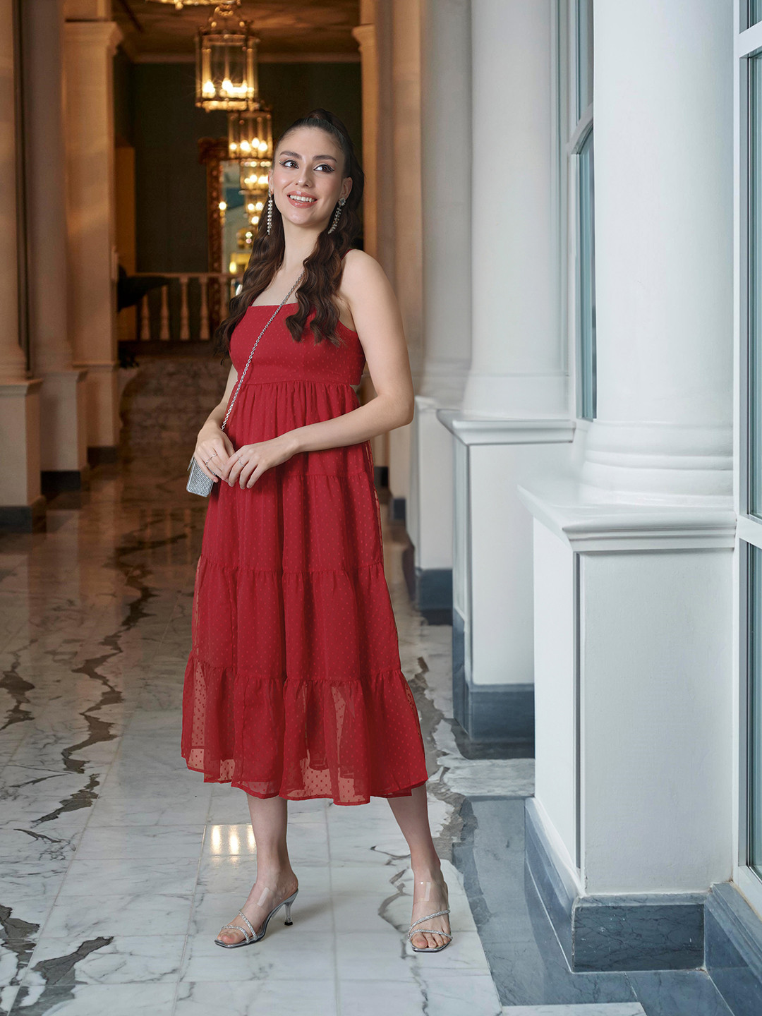 DressBerry Pretty Red Fit & Flare Geo Dobbies Tiered Midi Dress