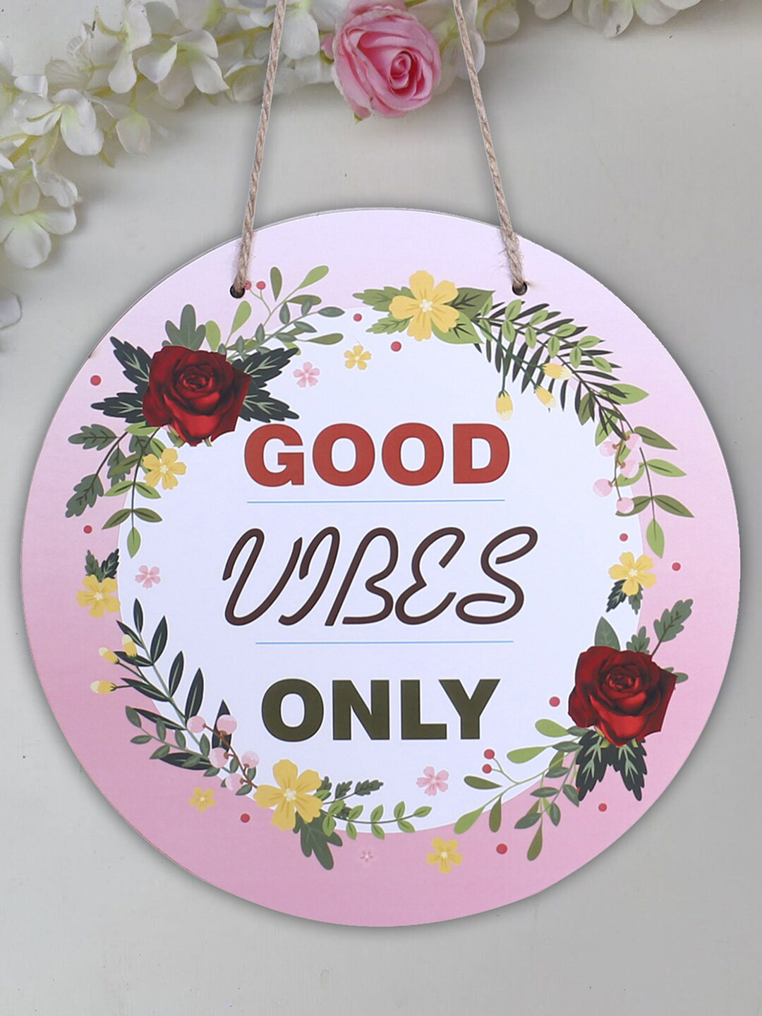 Kuber Industries Good Vibes Only Wood Floral Matte Hanging Hall 4Pcs Wall Plates-9.8In