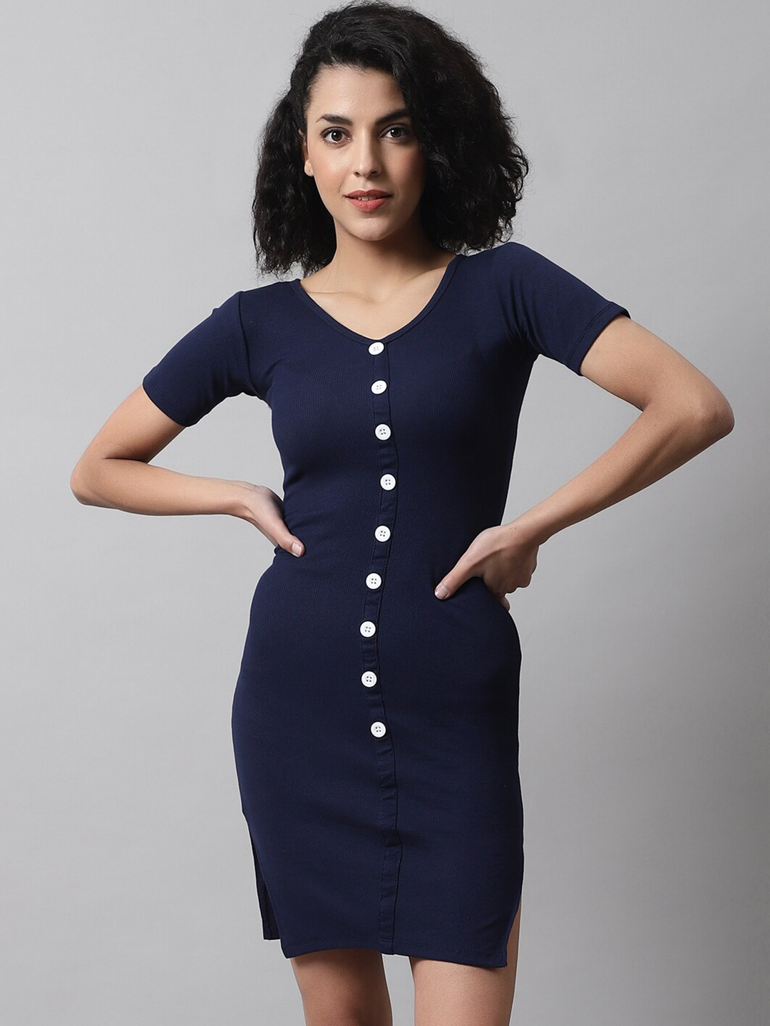 Navy Blue Solid Mini Short Sleeves Cotton Jumper Dress