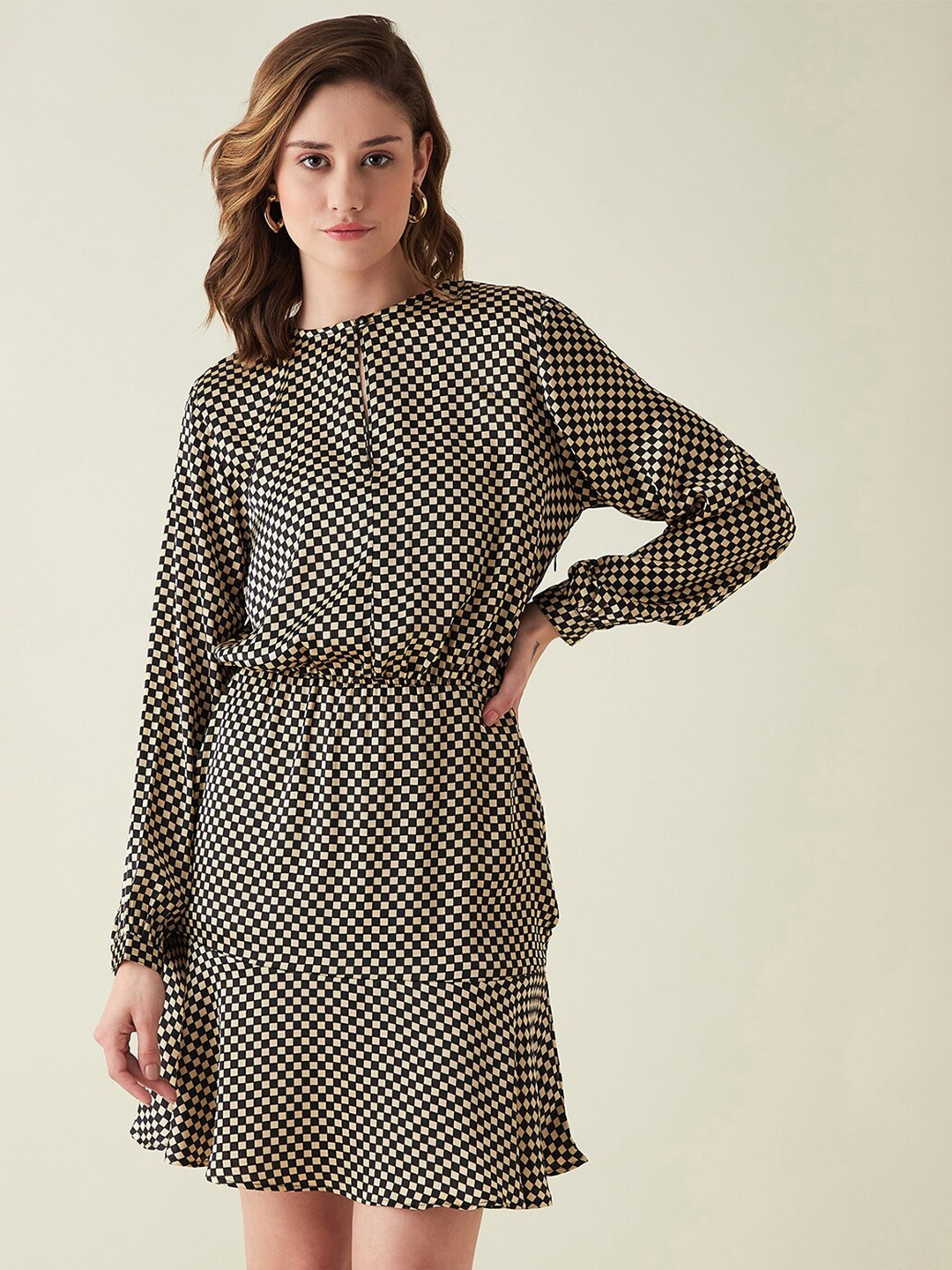 JUNE & HARRY Checked Keyhole Neck Satin Dress