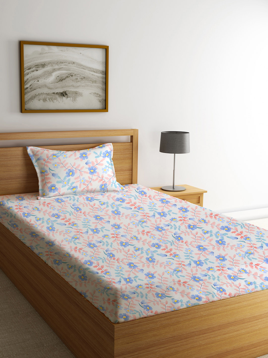 KLOTTHE White Floral Polycotton 300 TC Fitted Single Fine Bedsheet with a Pillow Cover-87 x 59 inches