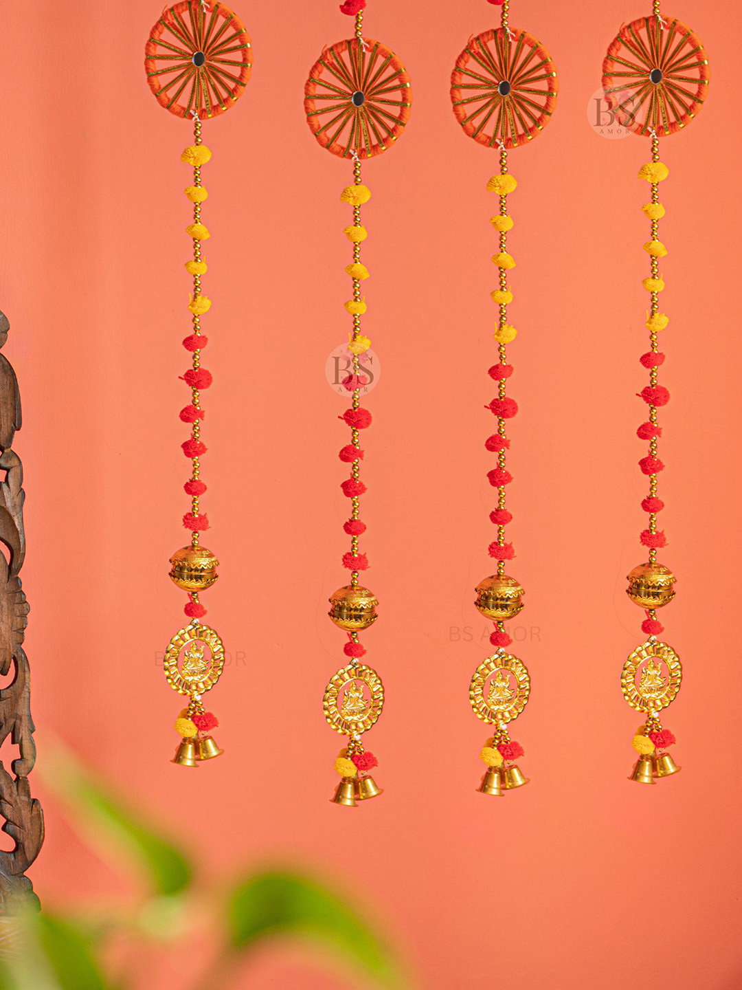 BS AMOR Set Of 2 Red & Yellow Latkan Toran Chakri Wall Hanging Festive Decor