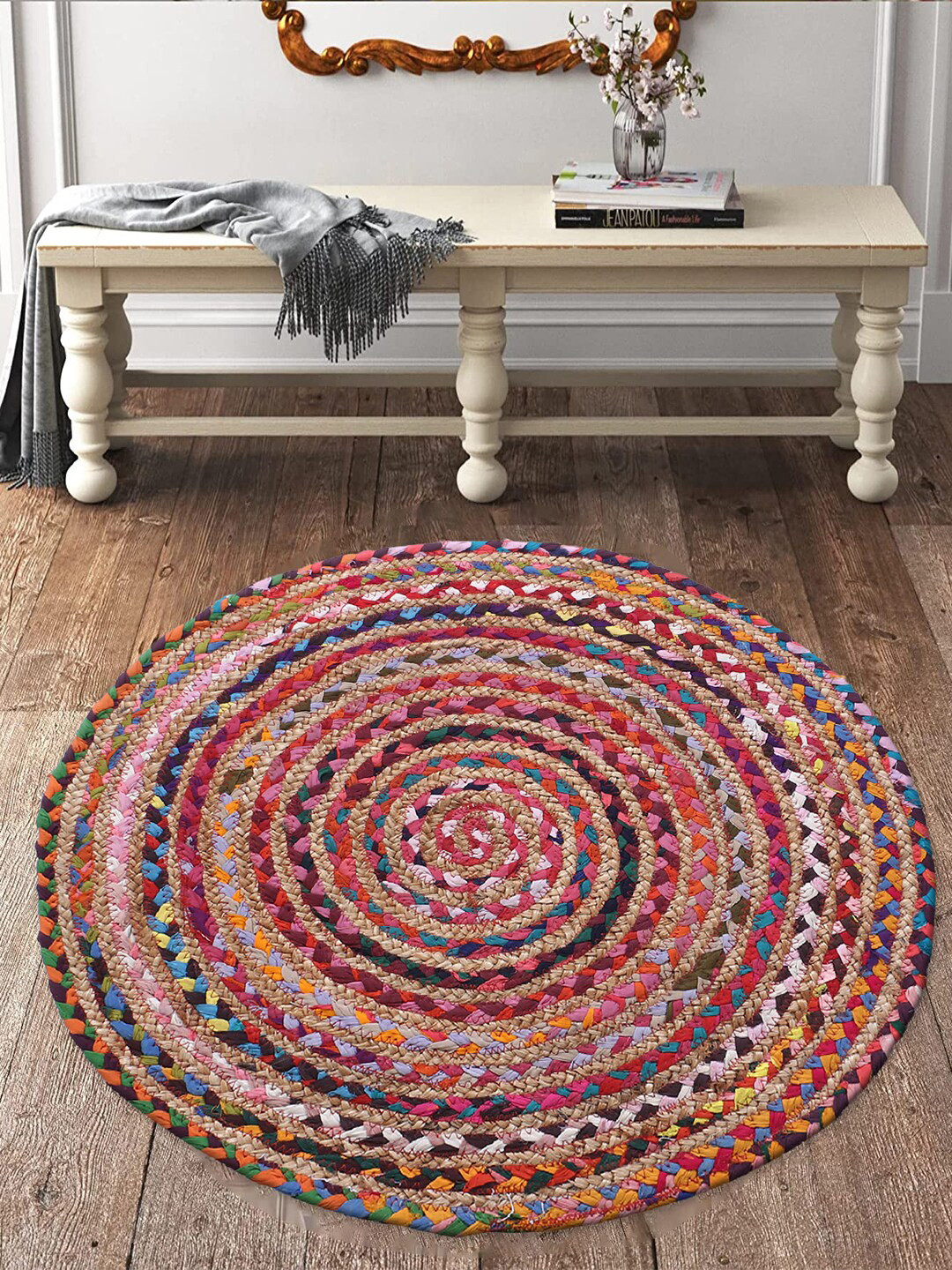 Kuber Industries Brown & Maroon Braided Jute Circular Door Mat