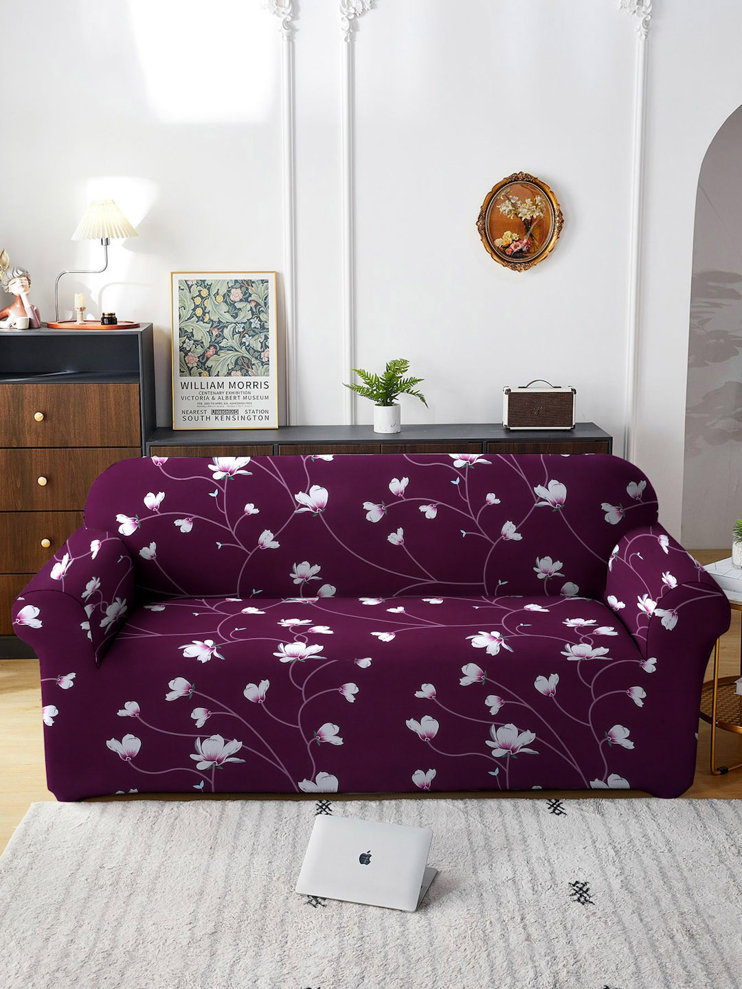 Cortina Purple & White Floral 3-Seater Printed Sofa Cover