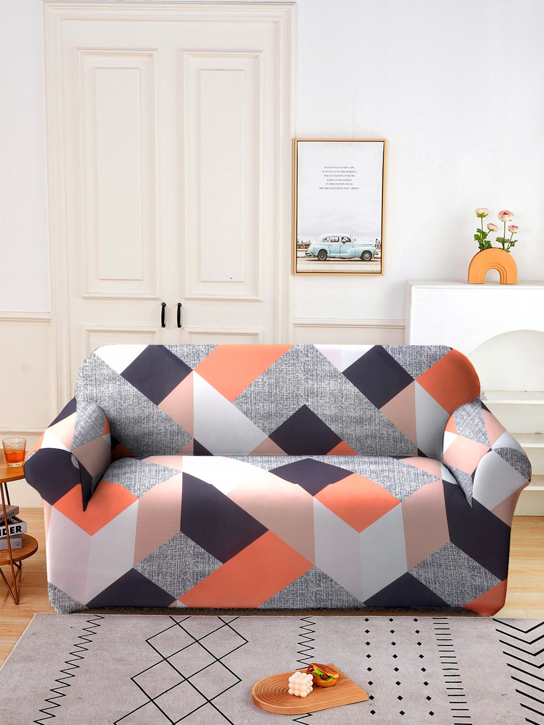 Cortina Orange & Black Geometric Printed 2-Seater Sofa Cover