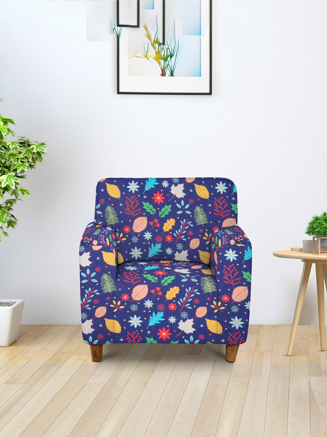 Cortina Navy Blue & Beige Quirky Printed Single-Seater Sofa Cover