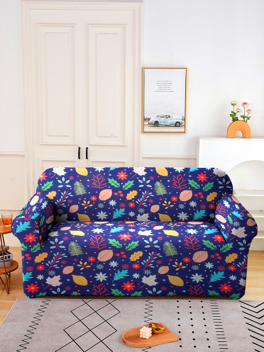 Cortina Navy Blue & Red Leaf Printed Double-Seater Sofa Cover