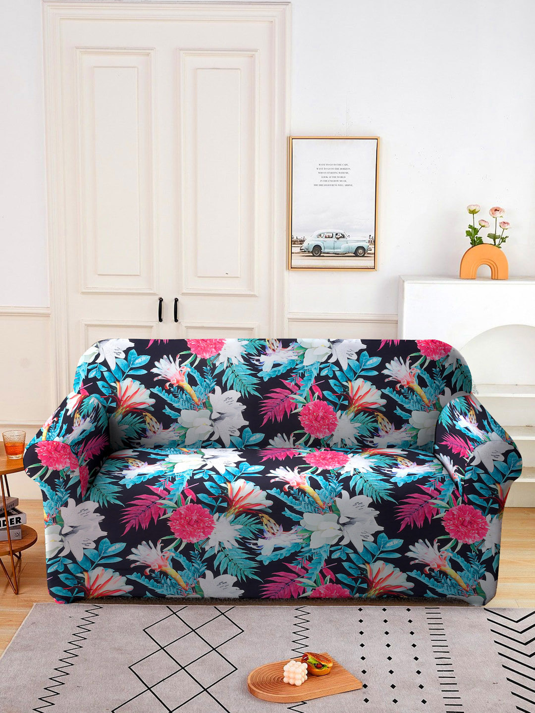Cortina Turquoise Blue & Pink Floral Printed Double Seater Sofa Cover