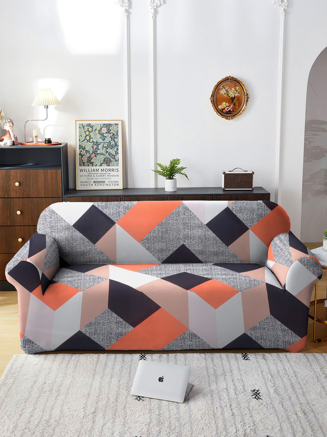 Cortina Orange & Black Geometric-Printed 3-Seater Sofa Cover