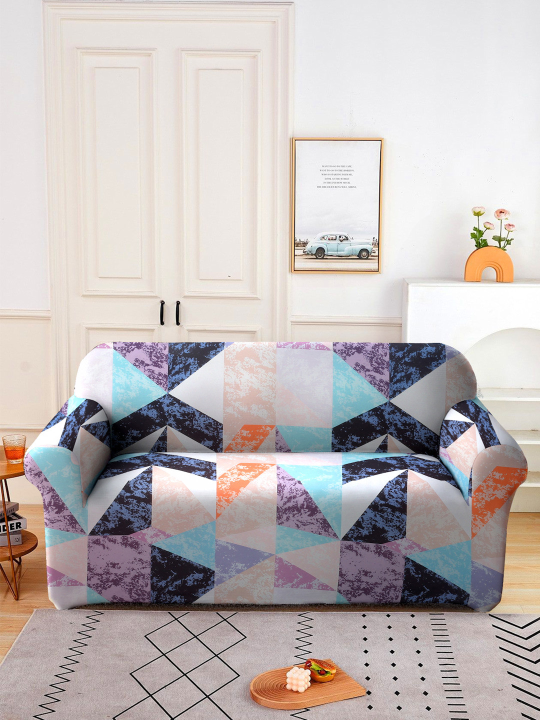 Cortina Beige & Blue Printed Double-Seater Sofa Cover