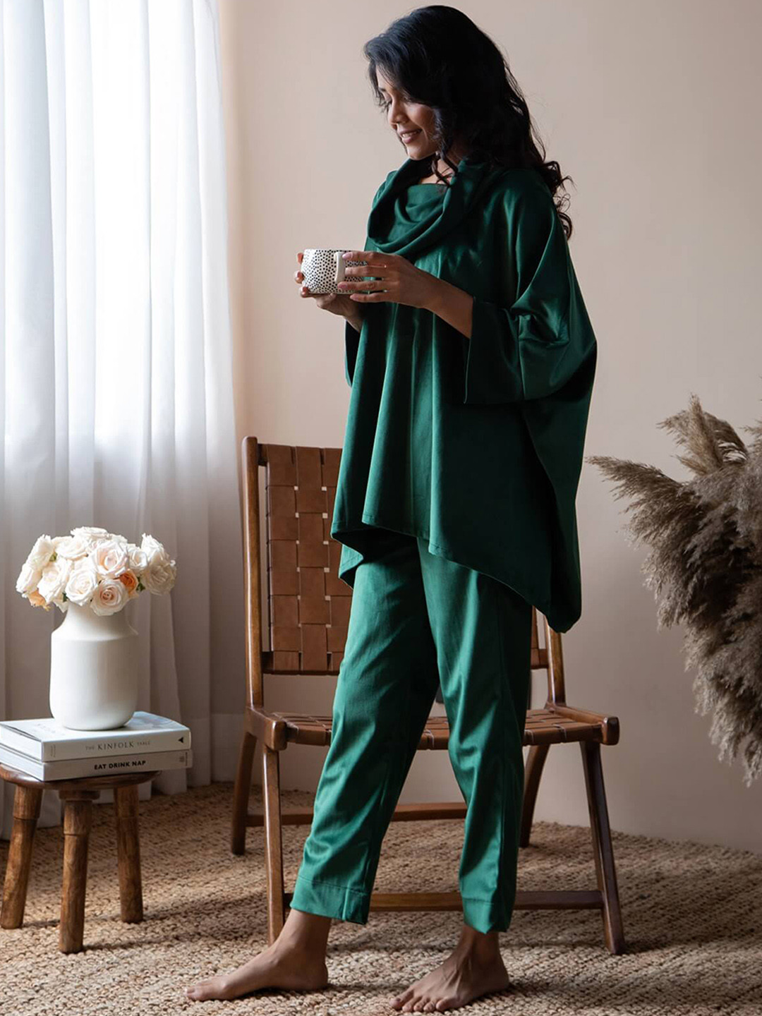 Rhe-Ana Women Cowl Neck Velvet Top with Trouser