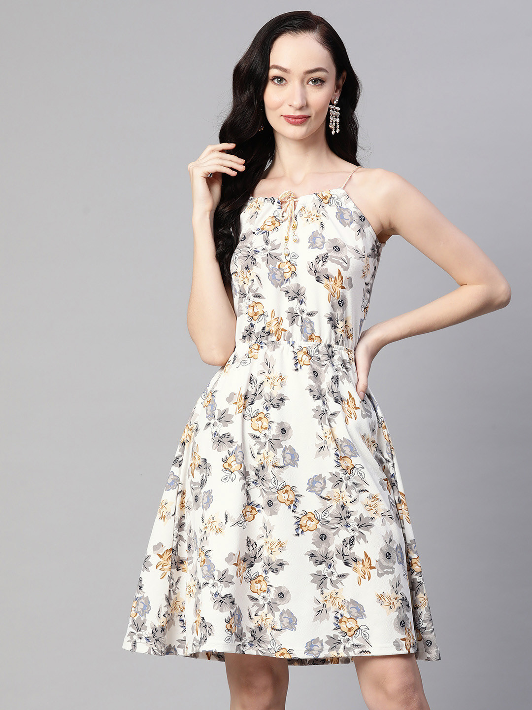 RAJGRANTH Floral Print Tie-Up Neck Crepe A-Line Dress