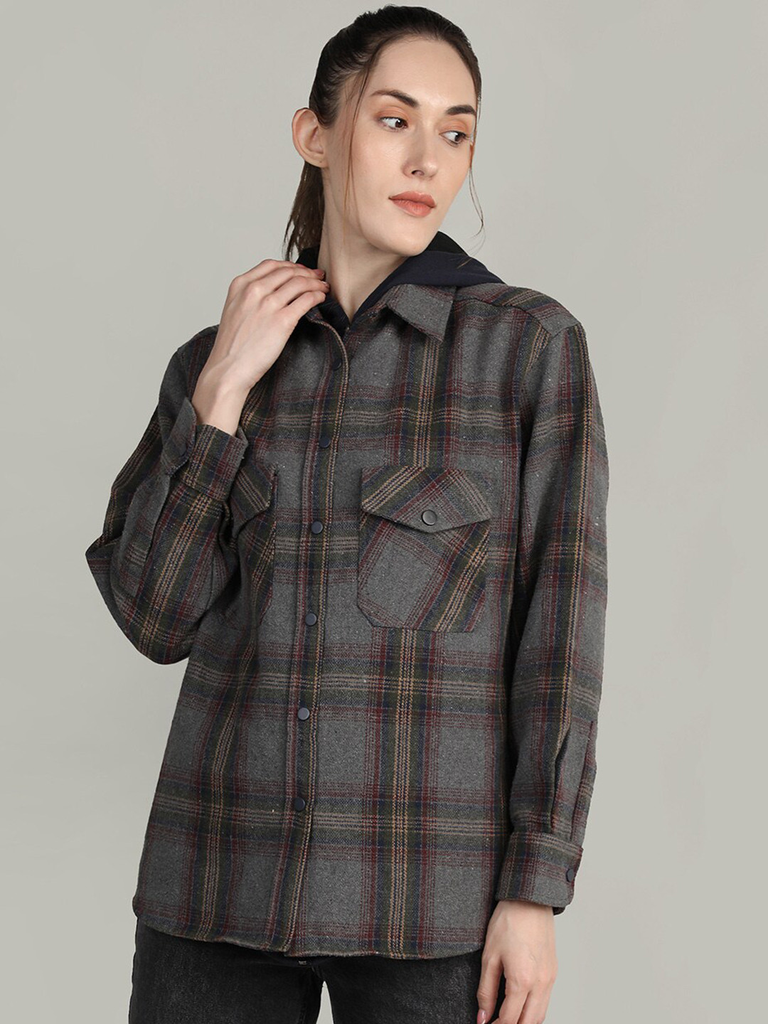 Dlanxa Women Tartan Checks Longline Pea Coat With Pockets