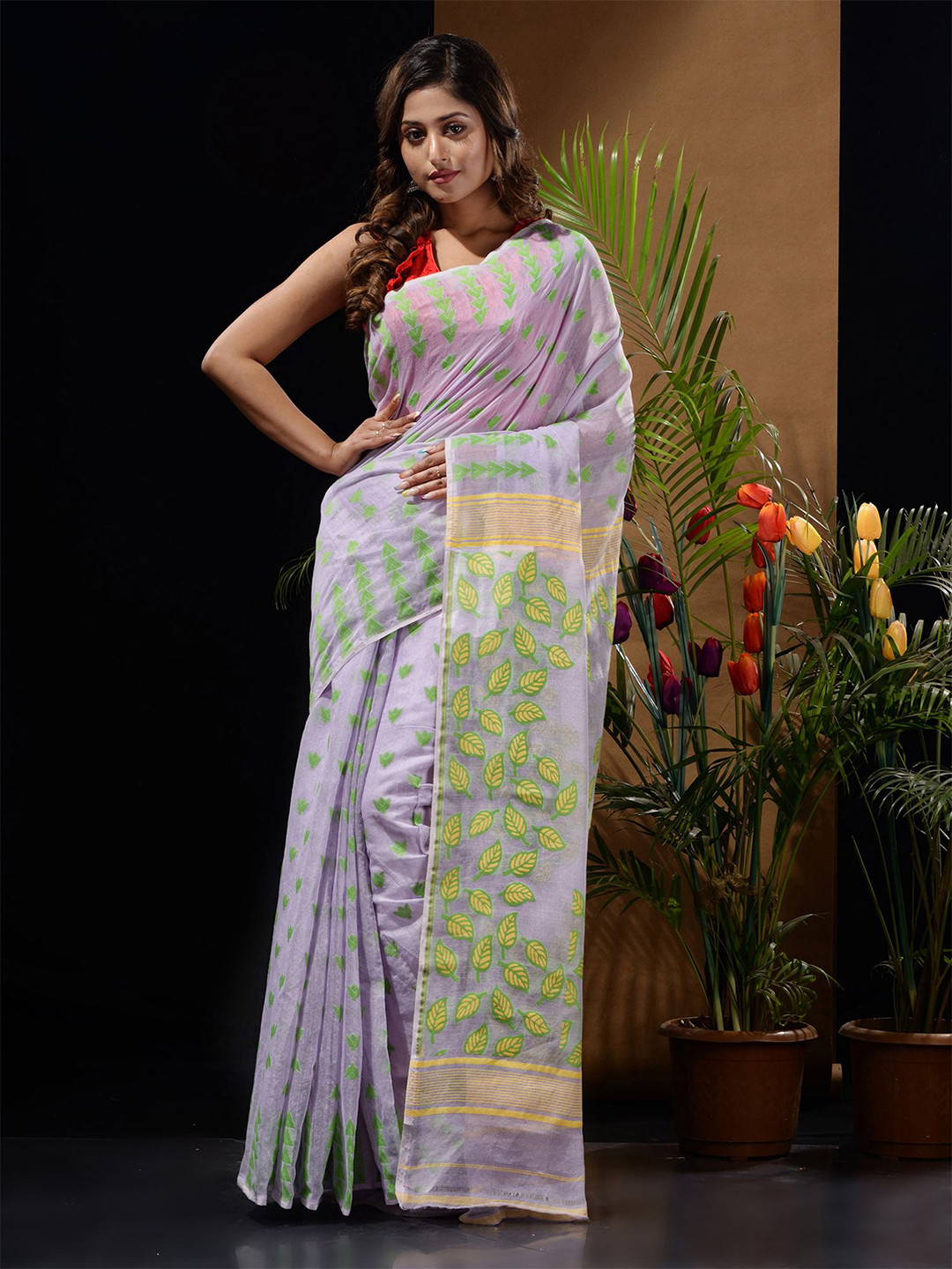 Charukriti Mauve & Green Floral Silk Cotton Jamdani Saree