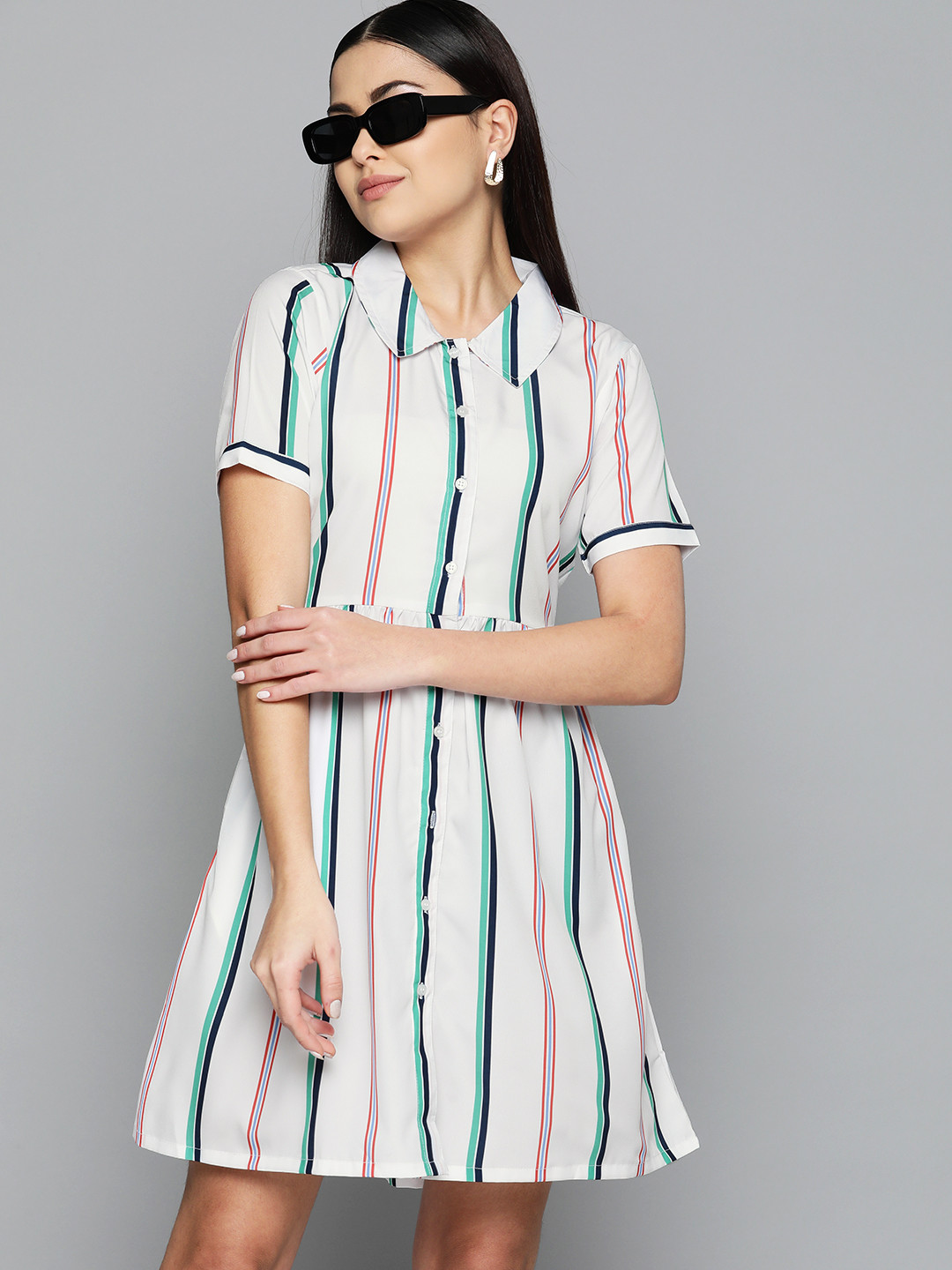 DENNISON Striped Crepe Shirt Collar A-Line Dress