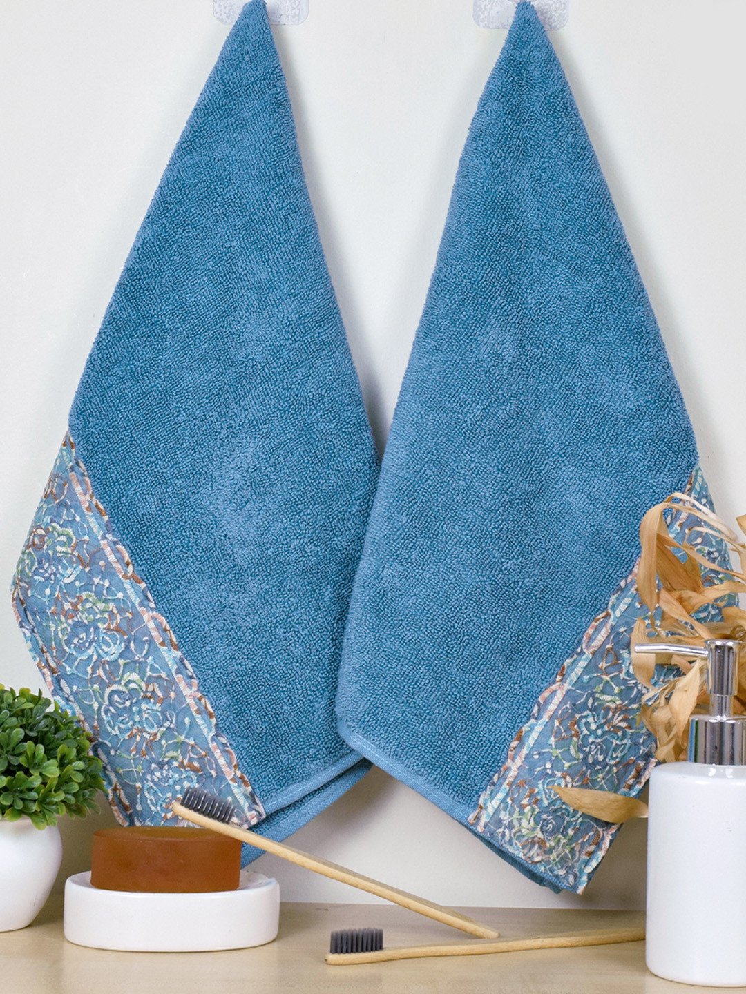 RANGOLI Sun Shine Set Of 2 Blue Solid 550 GSM 100% Cotton Hand Towels
