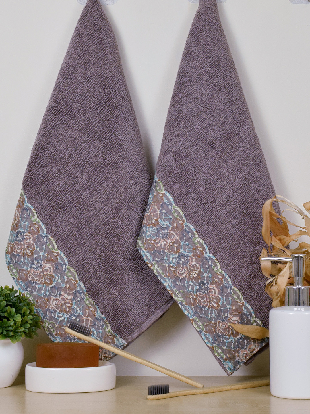 RANGOLI Sun Shine Charcoal Pack of 2 Solid 550 GSM 100% Cotton Hand Towels With Lace
