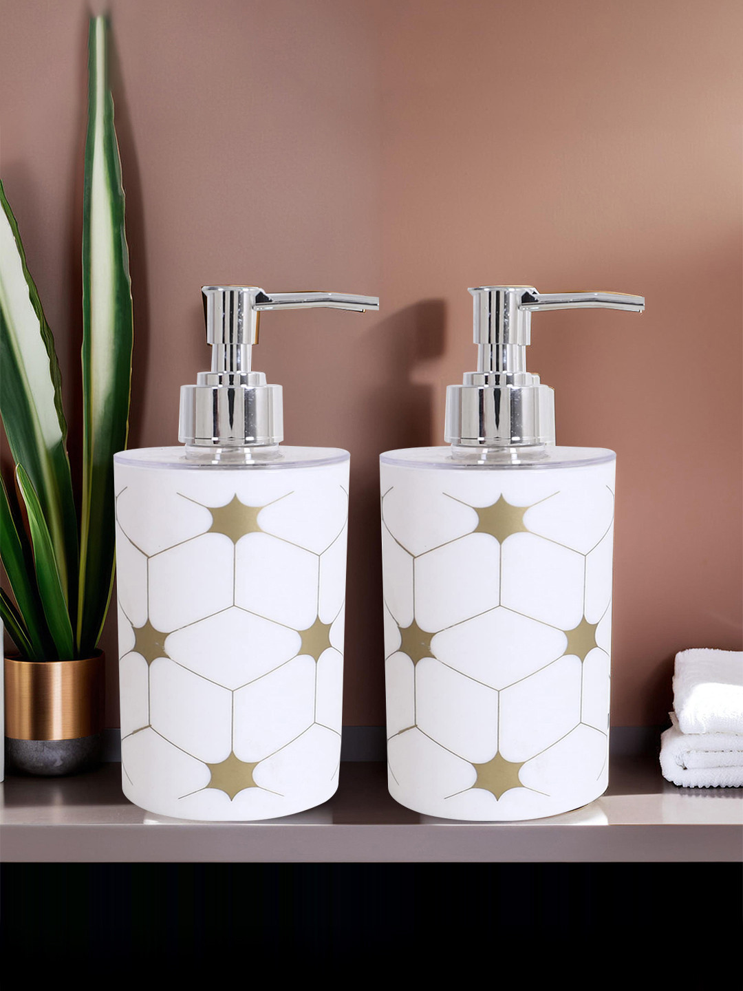 Kuber Industries Set Of 2 White & Gold Star Printed Liquid Soap Dispenser 300 ML