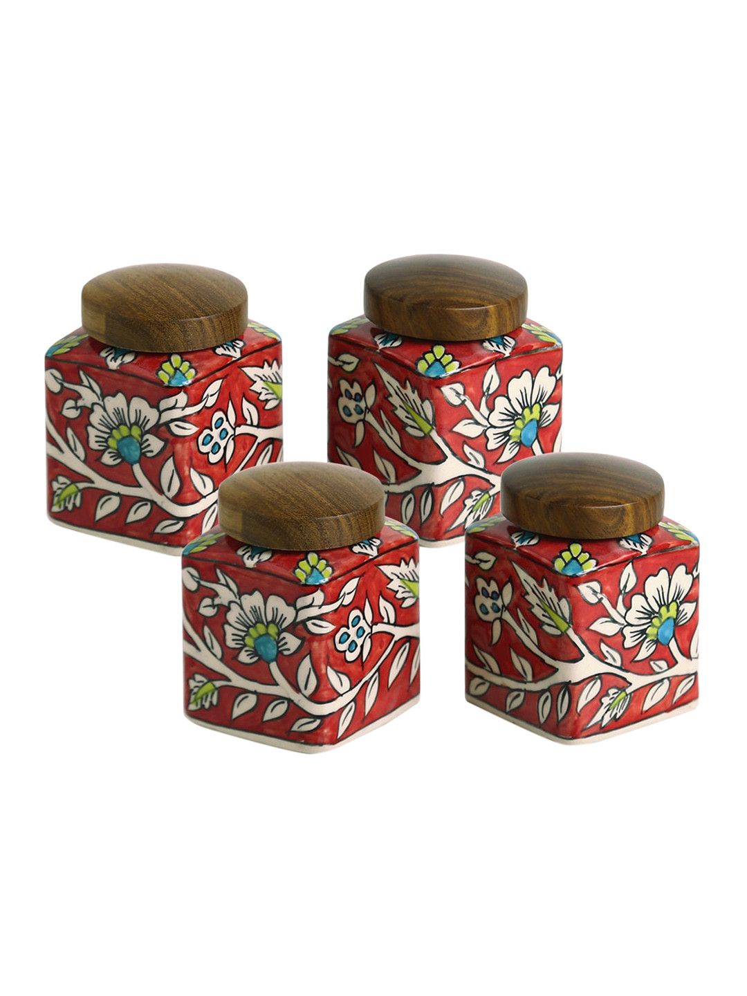 ExclusiveLane Set Of 4 Red & Brown Floral Printed Ceramic Storage Jar With Lid