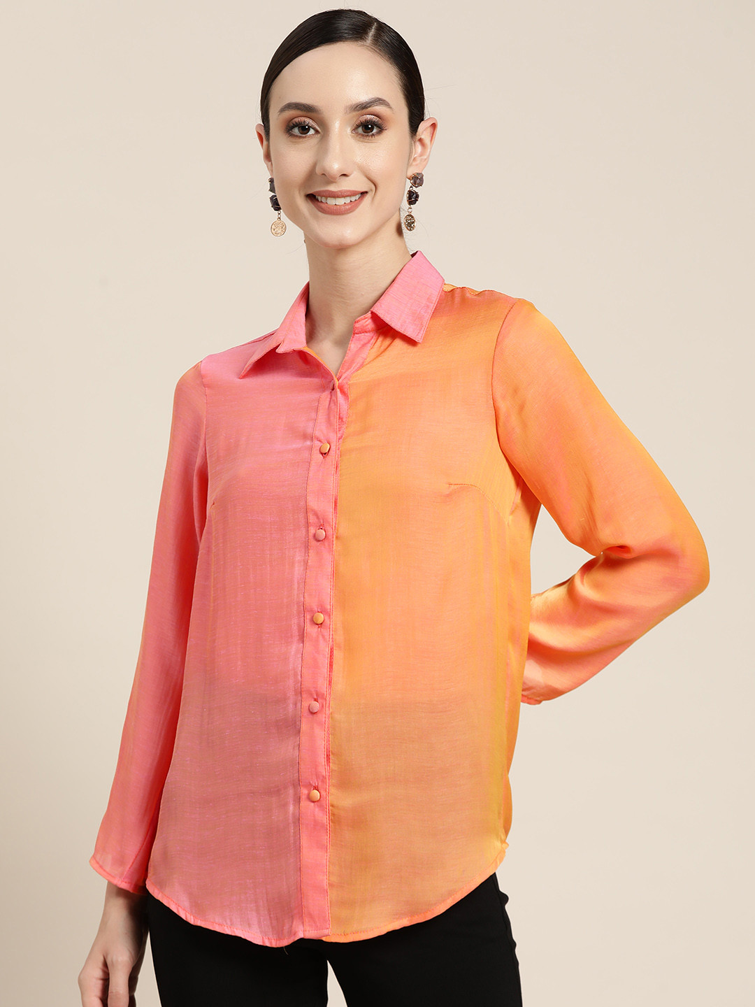 Qurvii Women Orange Smart Colourblocked Casual Shirt
