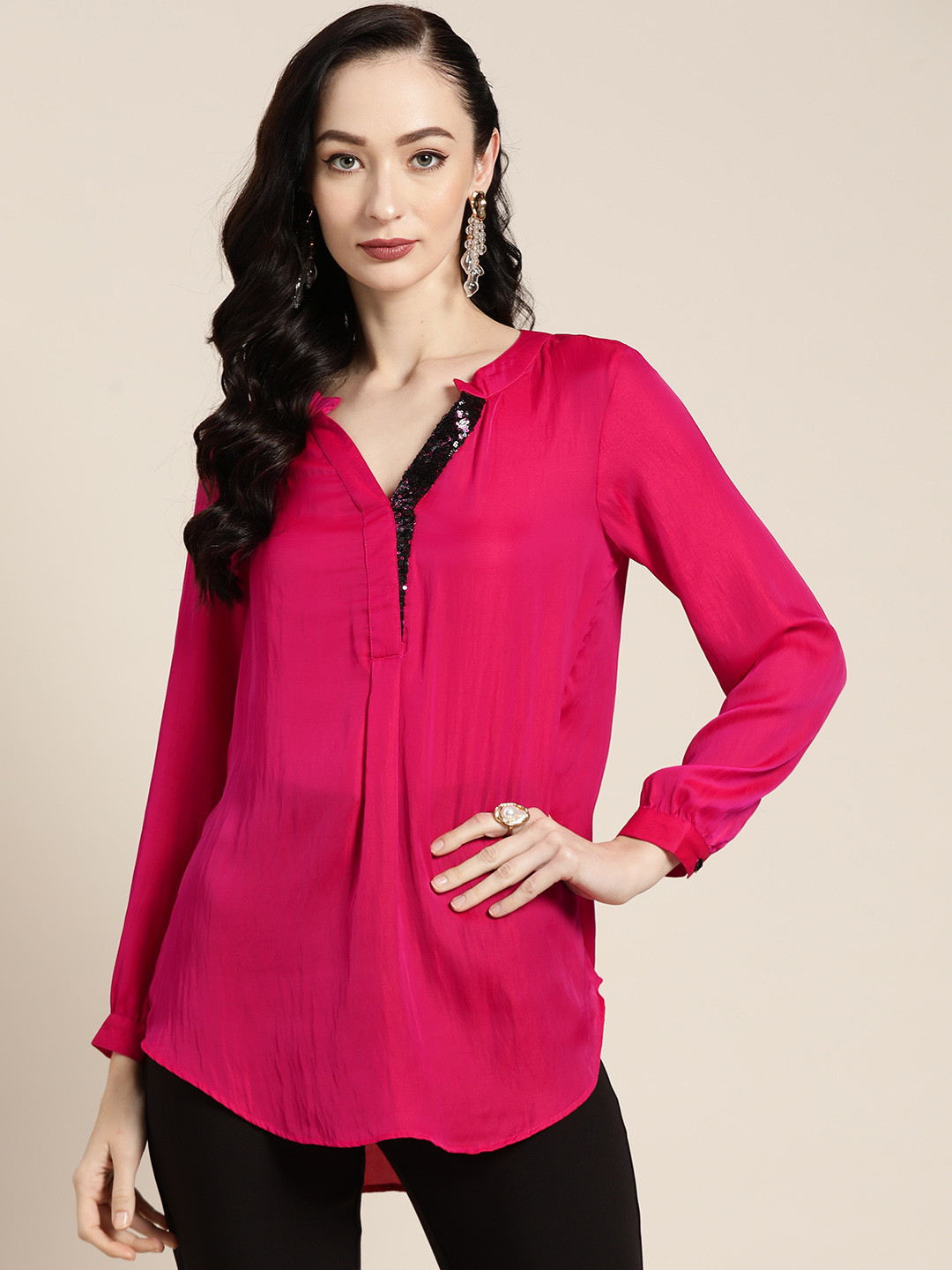 Qurvii Magenta Mandarin Collar Top with Embellished Placket