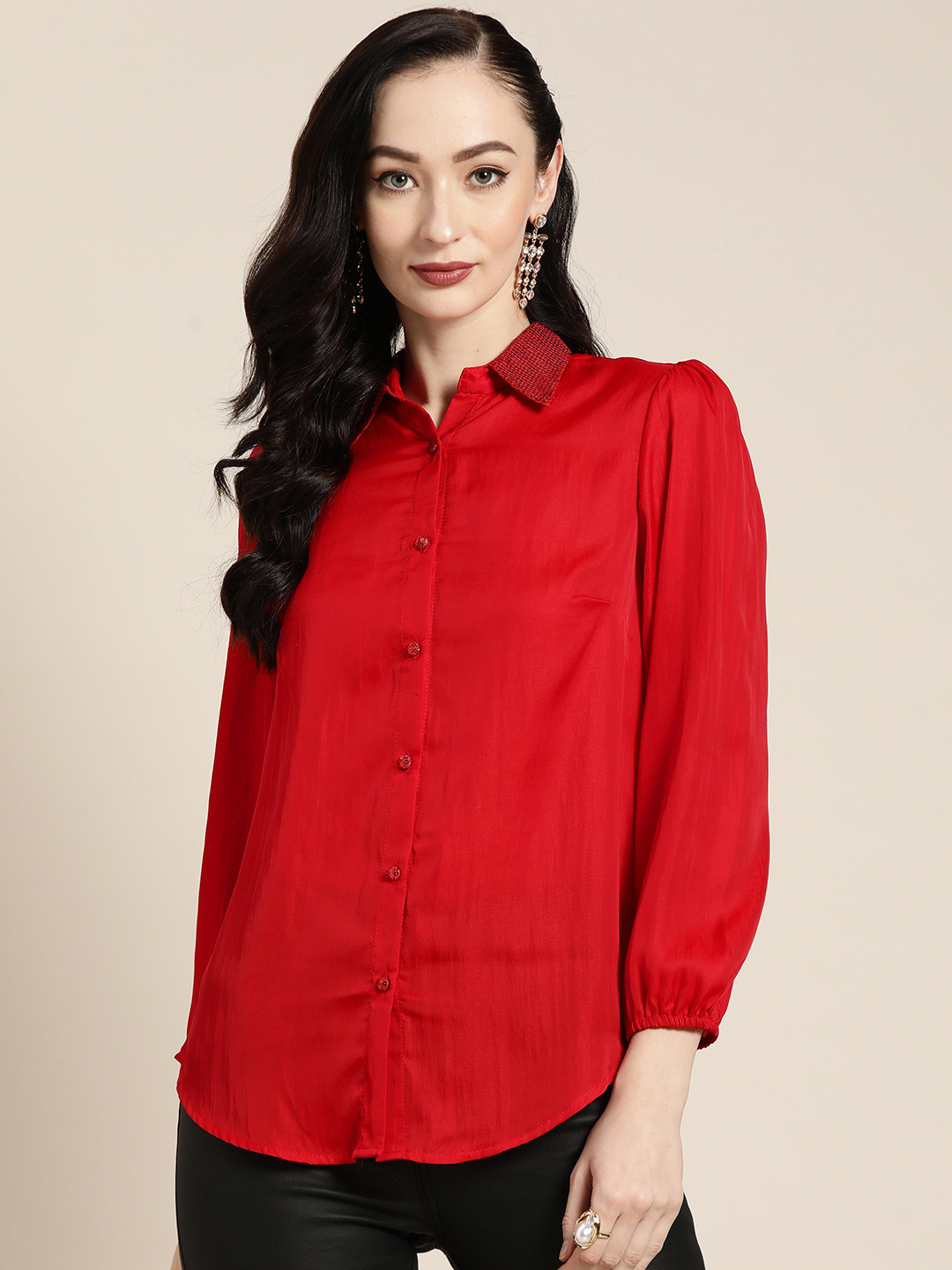 Qurvii Women Red Smart Casual Shirt with Embellished Placket