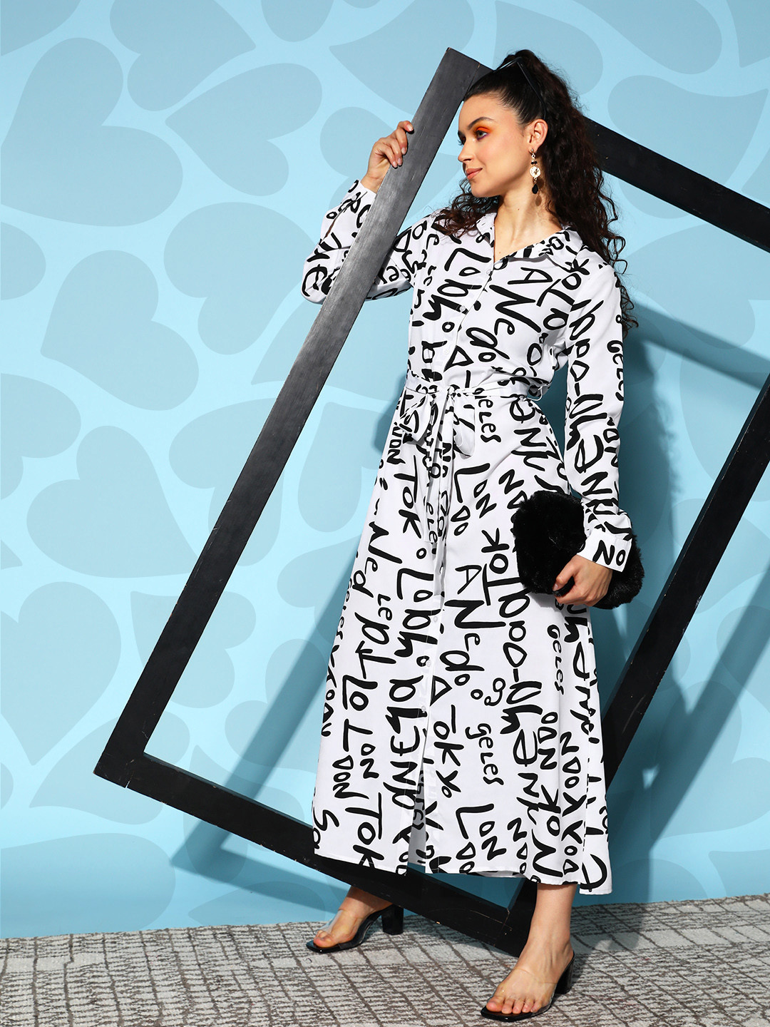 Berrylush White & Black Crepe Shirt Maxi Dress With Belt