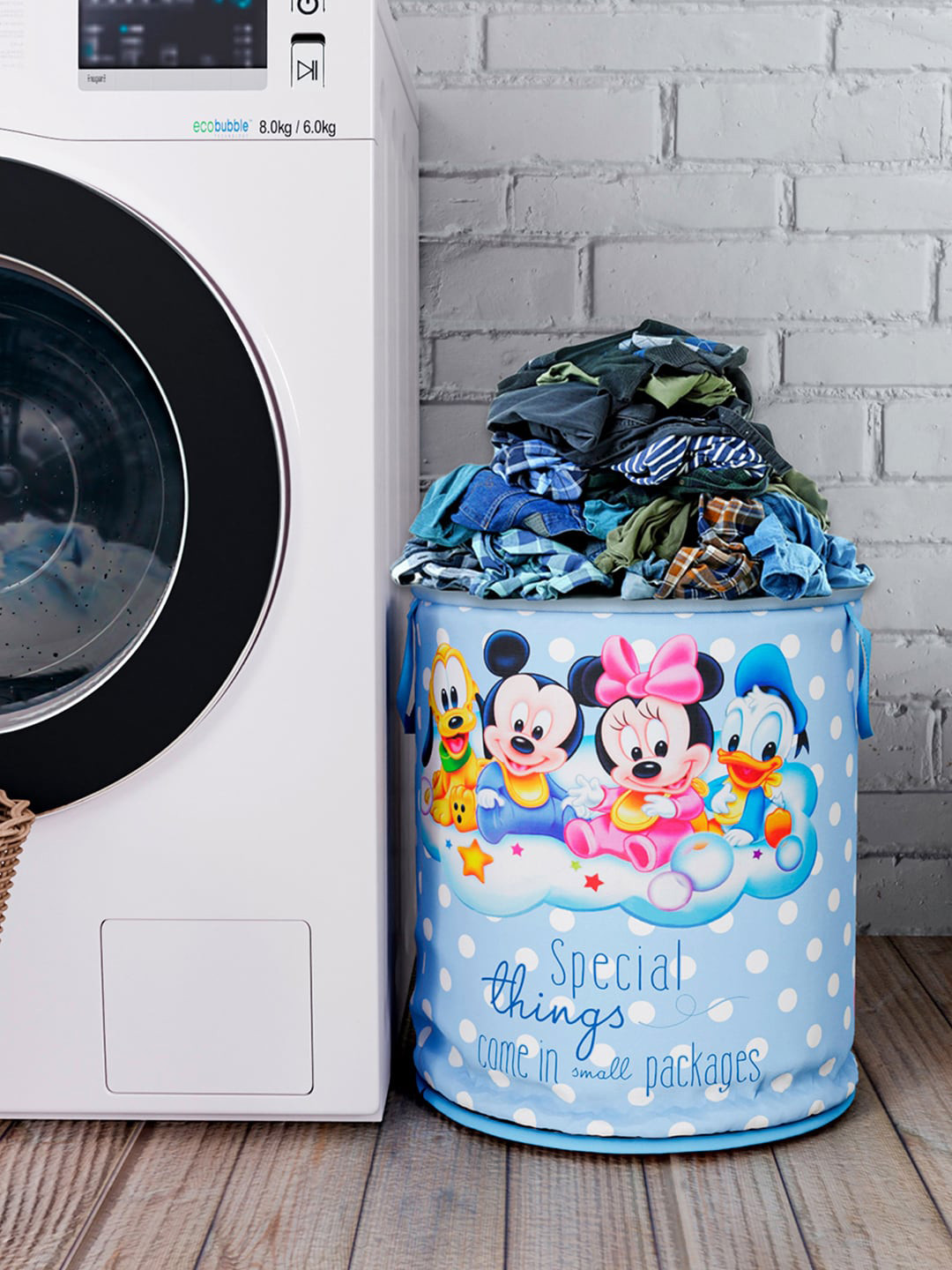 Kuber Industries Blue & White Disney Mickey & Team Print Foldable Waterproof Laundry Bag