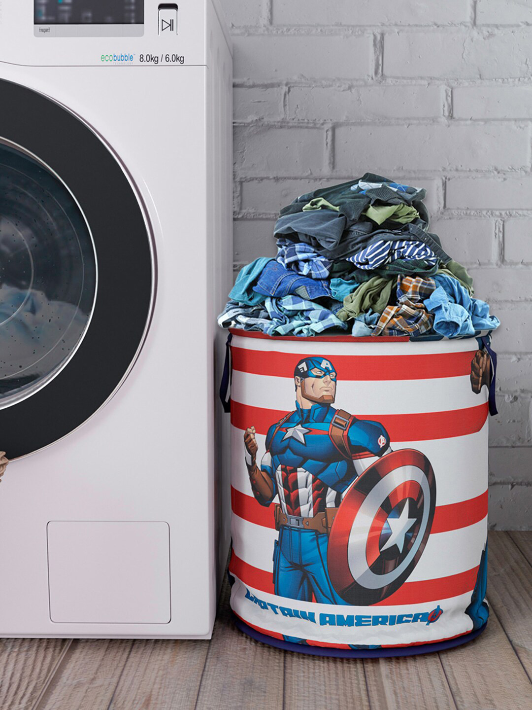 Kuber Industries Blue Captain America Printed Foldable Waterproof Laundry Basket 45L