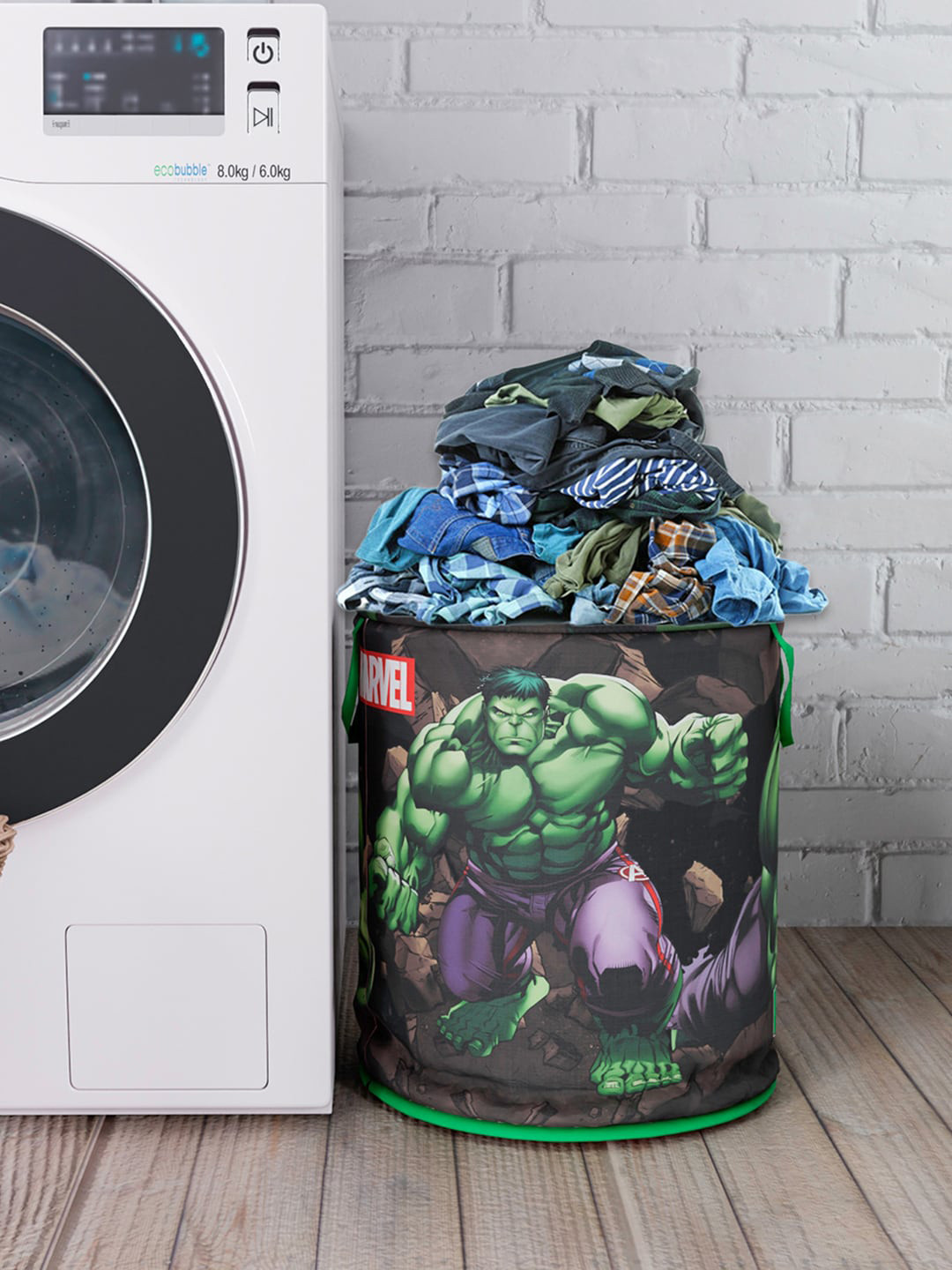 Kuber Industries Green Marvel Hulk Printed Round Foldable Waterproof  Laundry Bag