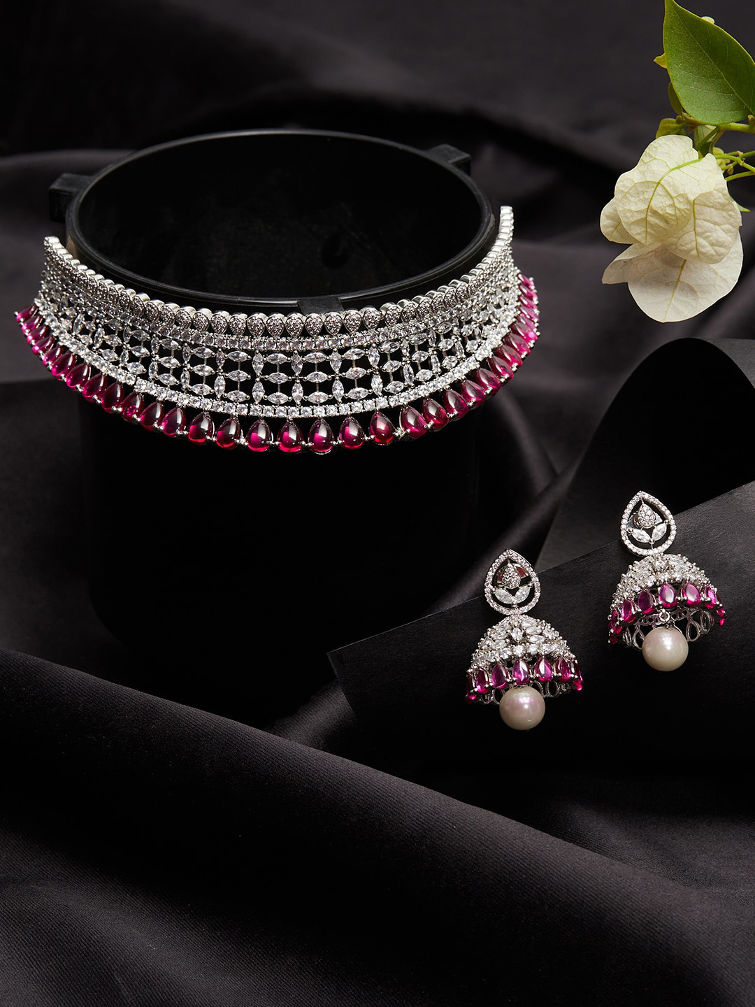 Voylla Silver-Plated CZ Stone & Gems -Studded Embellished Jewellery Set