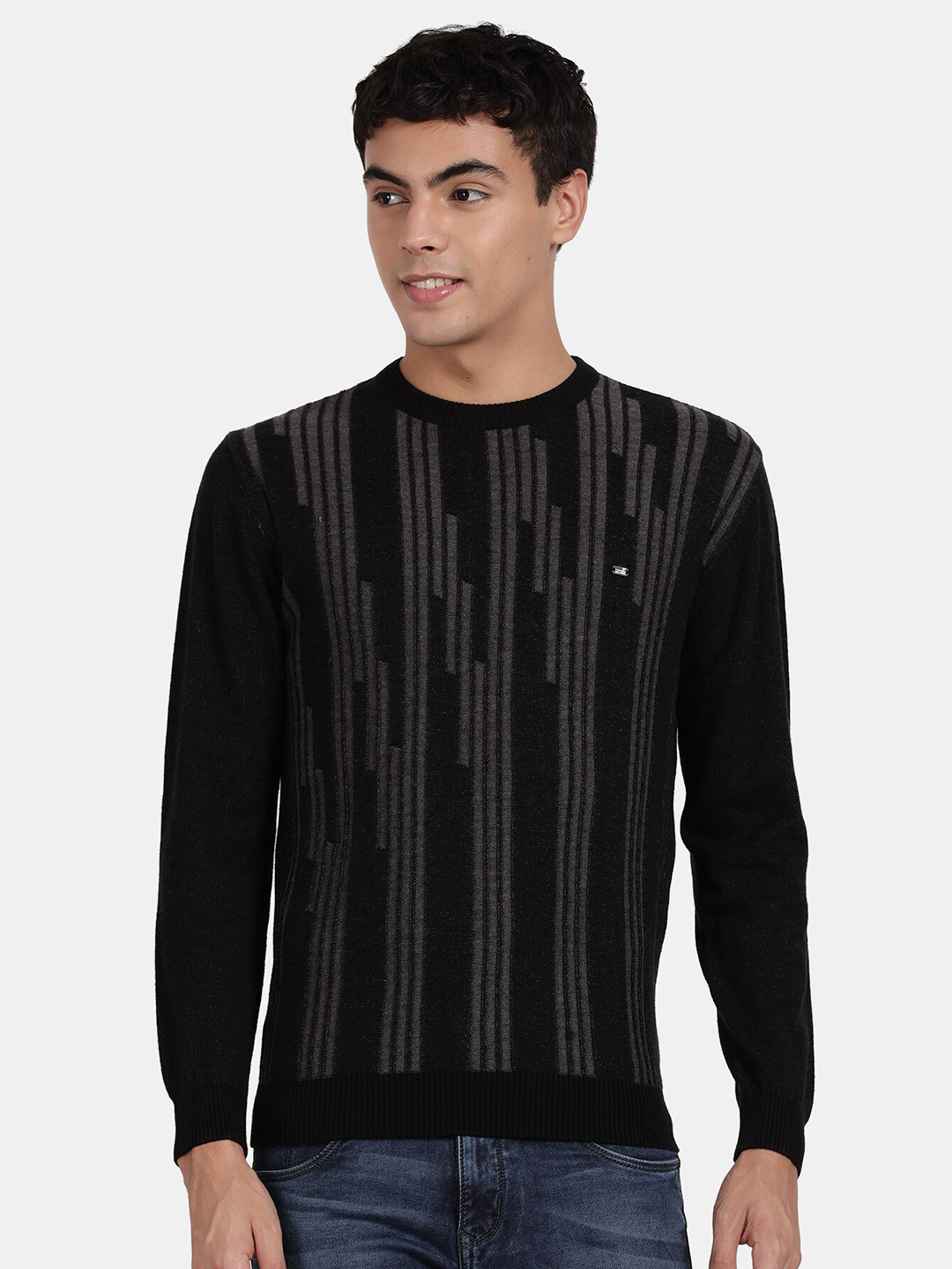 t-base Men Striped Pullover with Fuzzy Detail