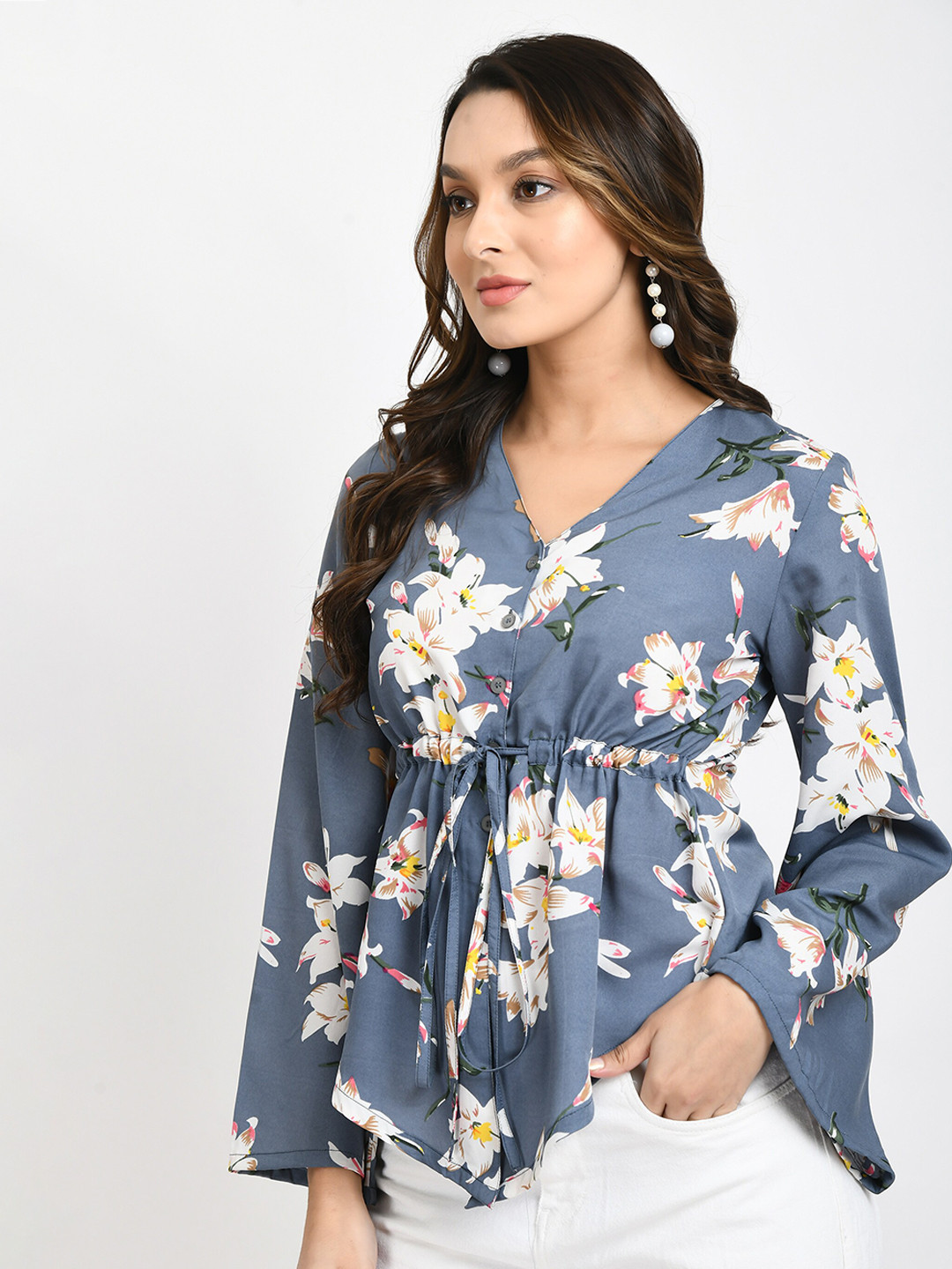 V&M  Floral Print Crepe Cinched Waist Longline Top