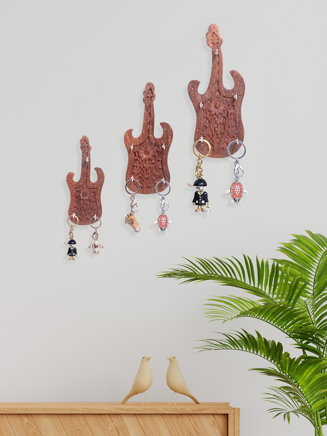 Golden Peacock Set Of 3 Brown Guitar Design Wooden Wall Hanging Key Holder