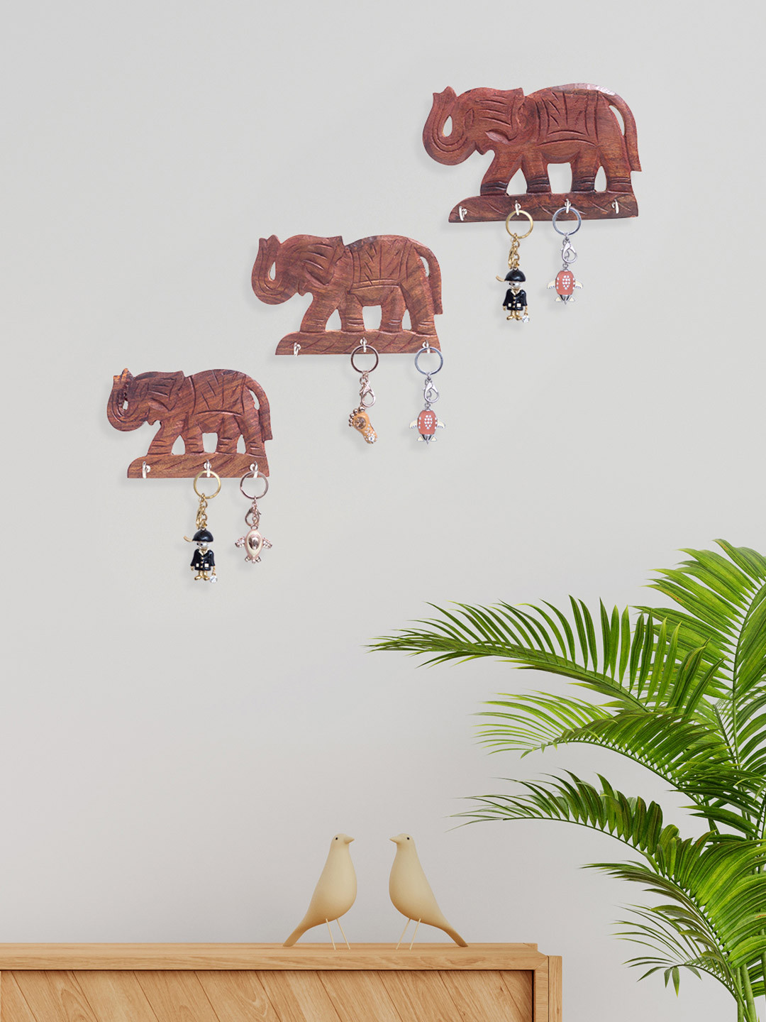 Golden Peacock Set Of 3 Brown Wooden Elephant Key Holders