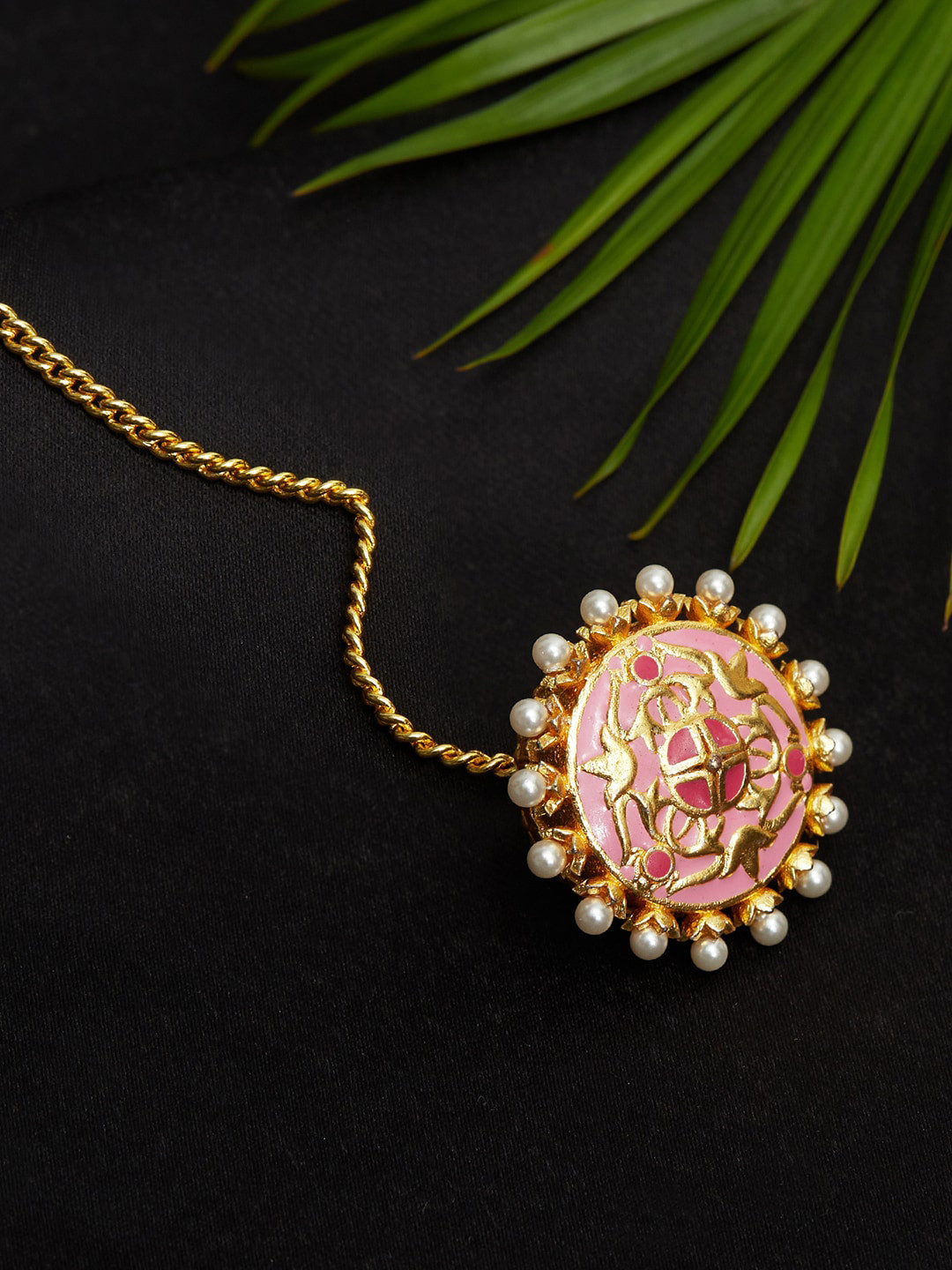 Voylla Shwet Kamal Gold-Plated Faux Peal-Beaded & Enamelled Maang Tikka