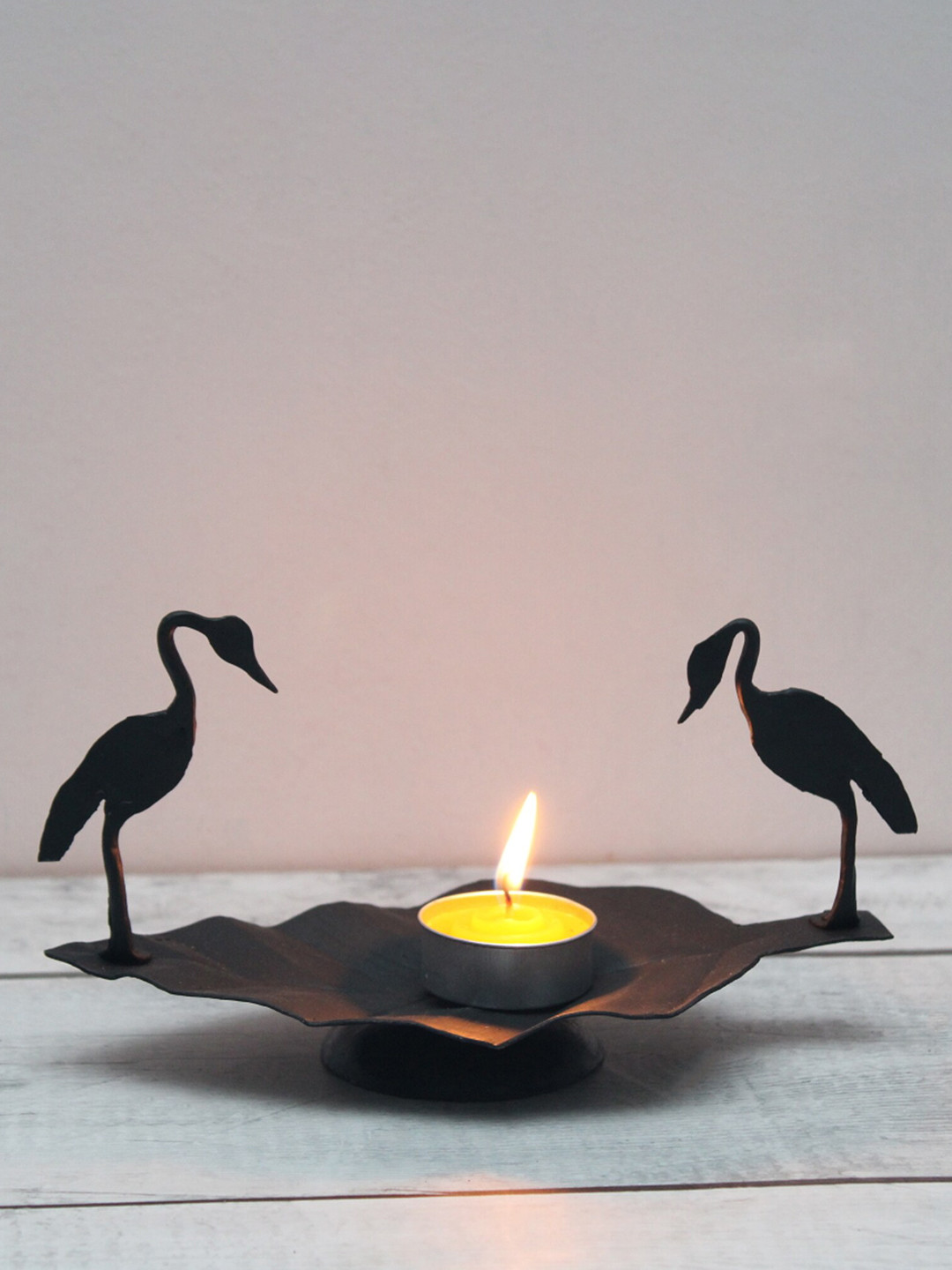SHREE KALA HOME DECOR The Bastar Tribal Art Black Two Birds On A Leaf Sitting Candle T Light Holder