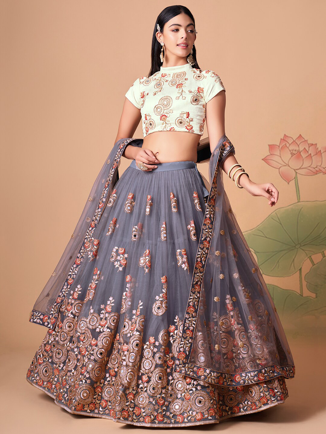 FABPIXEL Embroidered Mirror Work Semi-Stitched Lehenga & Unstitched Blouse With Dupatta