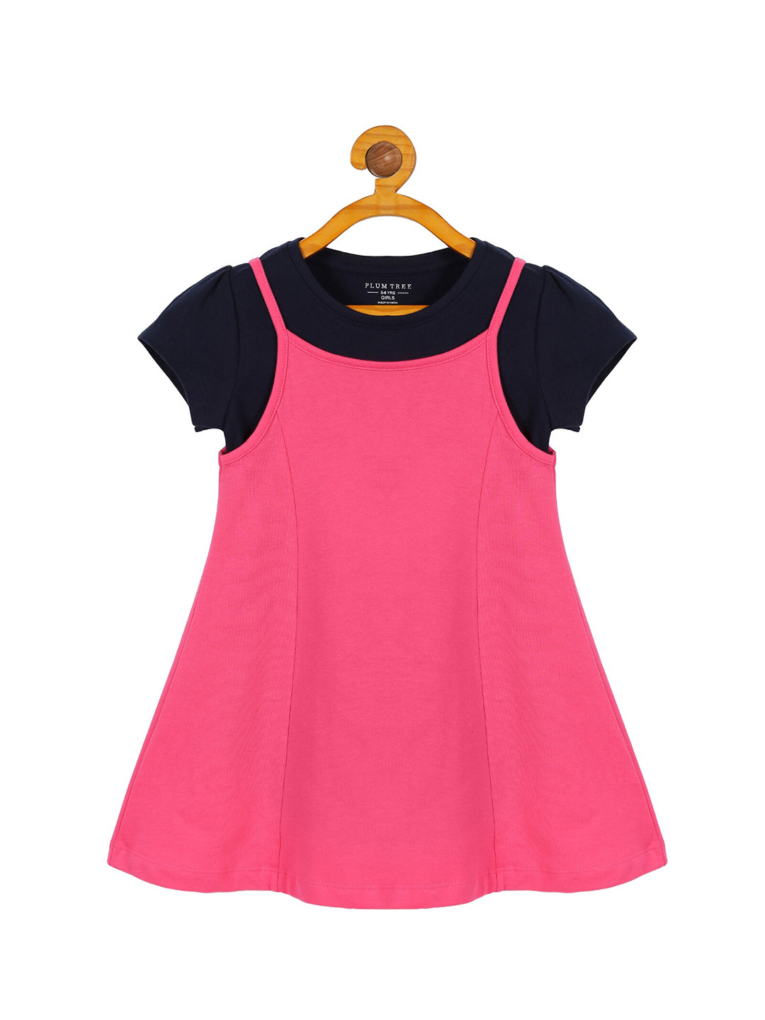 PLUM TREE Girls Navy Blue & Pink Printed Top With Dress
