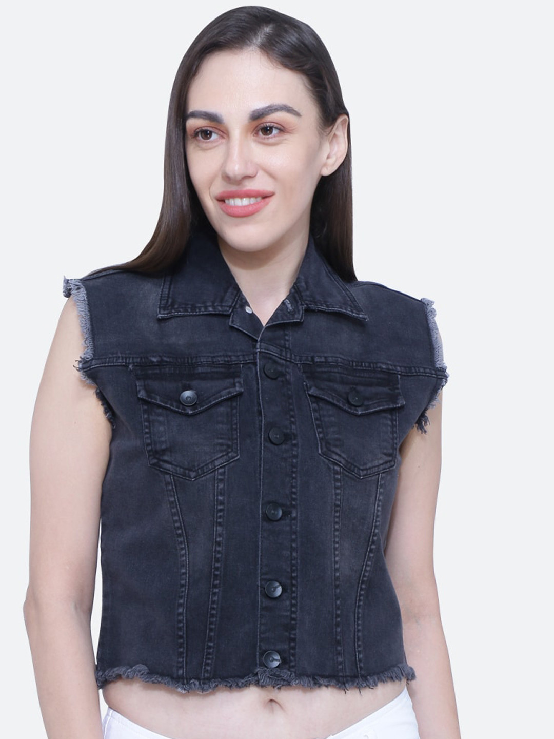 FCK-3 Women Black Washed Crop Denim Jacket