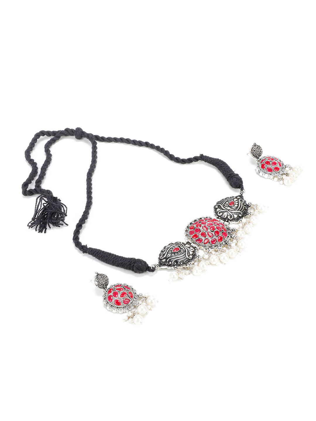 PRASUB Rhodium-Plated Stone Studded & Pearl Beaded Jewellery Set