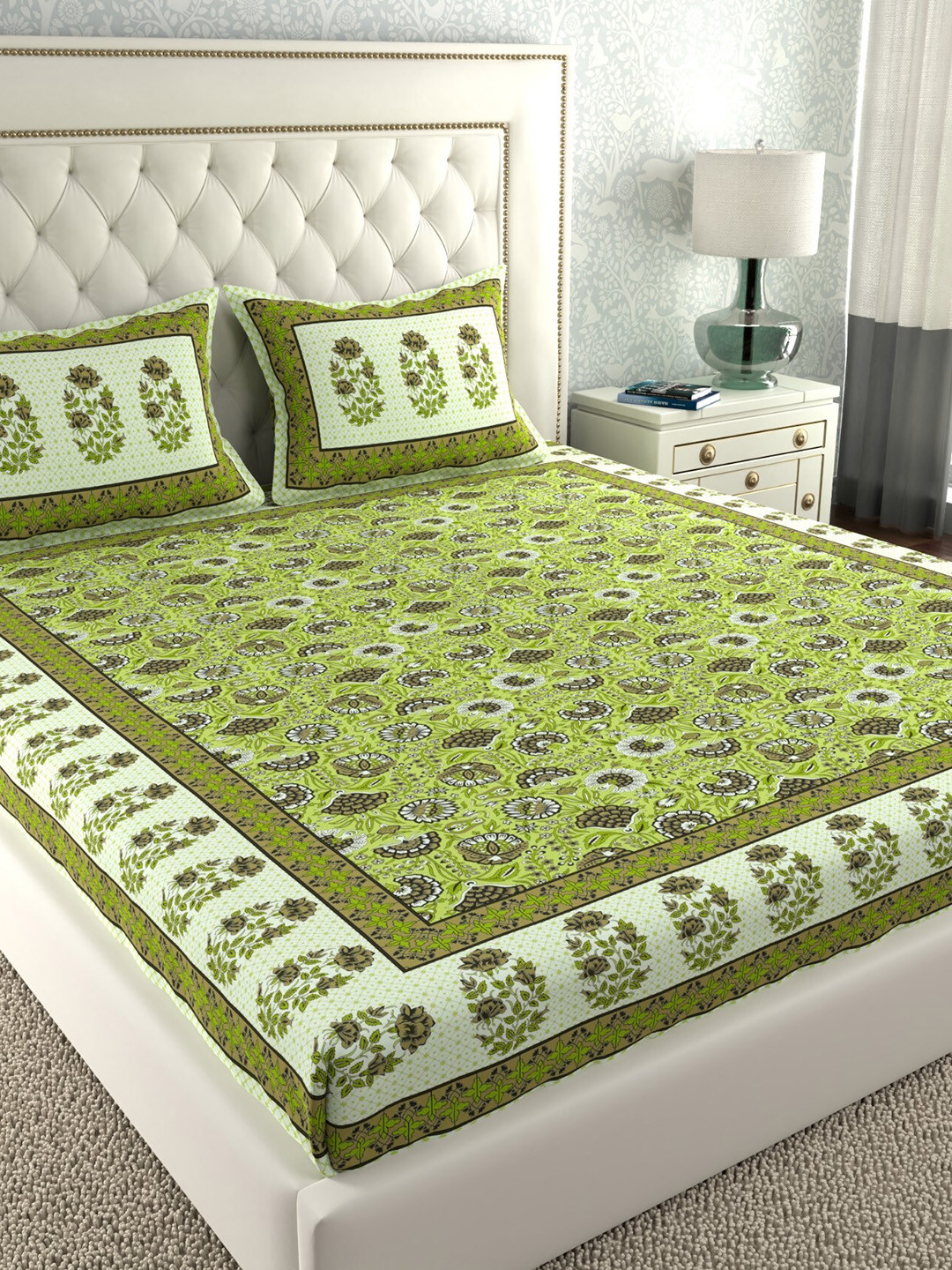 LA VERNE Jaipuri Green Floral Cotton 140 TC King Fine Bedsheet with 2 Pillow Covers-91 x 108 inches