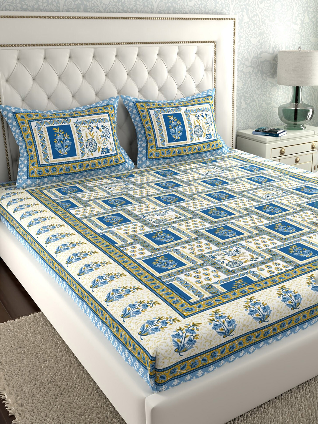 LA VERNE Jaipuri Grey Floral Cotton 140 TC King Bedsheet with 2 Pillow Covers-91 x 108 inches