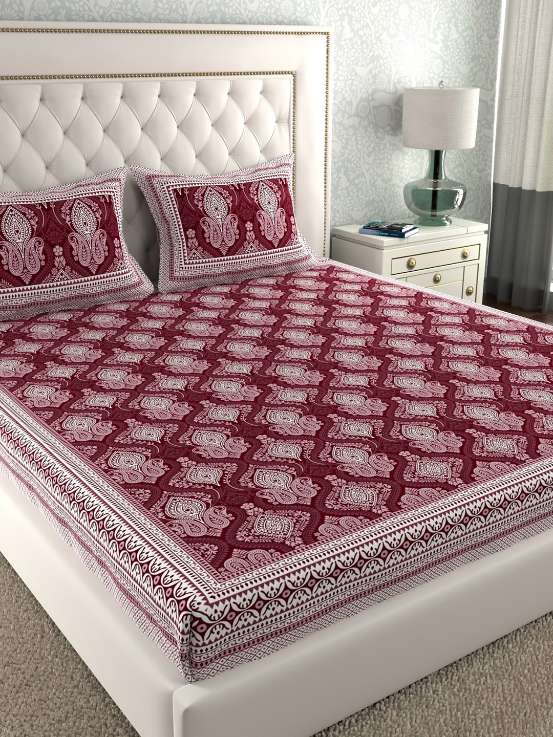 LA VERNE Jaipuri Maroon Ethnic Motifs Cotton 140 TC King Bedsheet with 2 Pillow Covers-91 x 108 inches