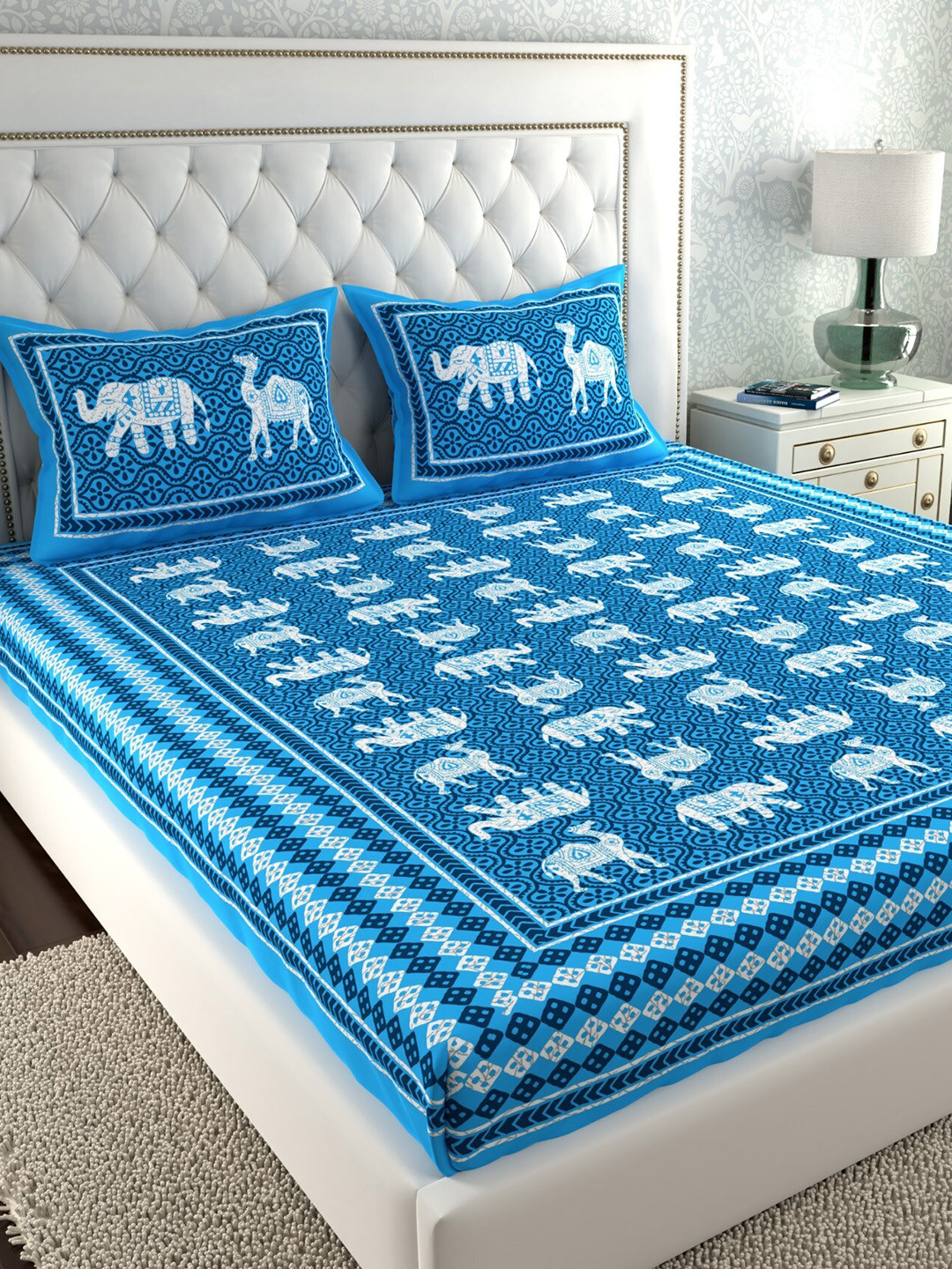 LA VERNE Blue Ethnic Motifs Cotton 140 TC King Bedsheet with 2 Pillow Covers-230 x 275 cm