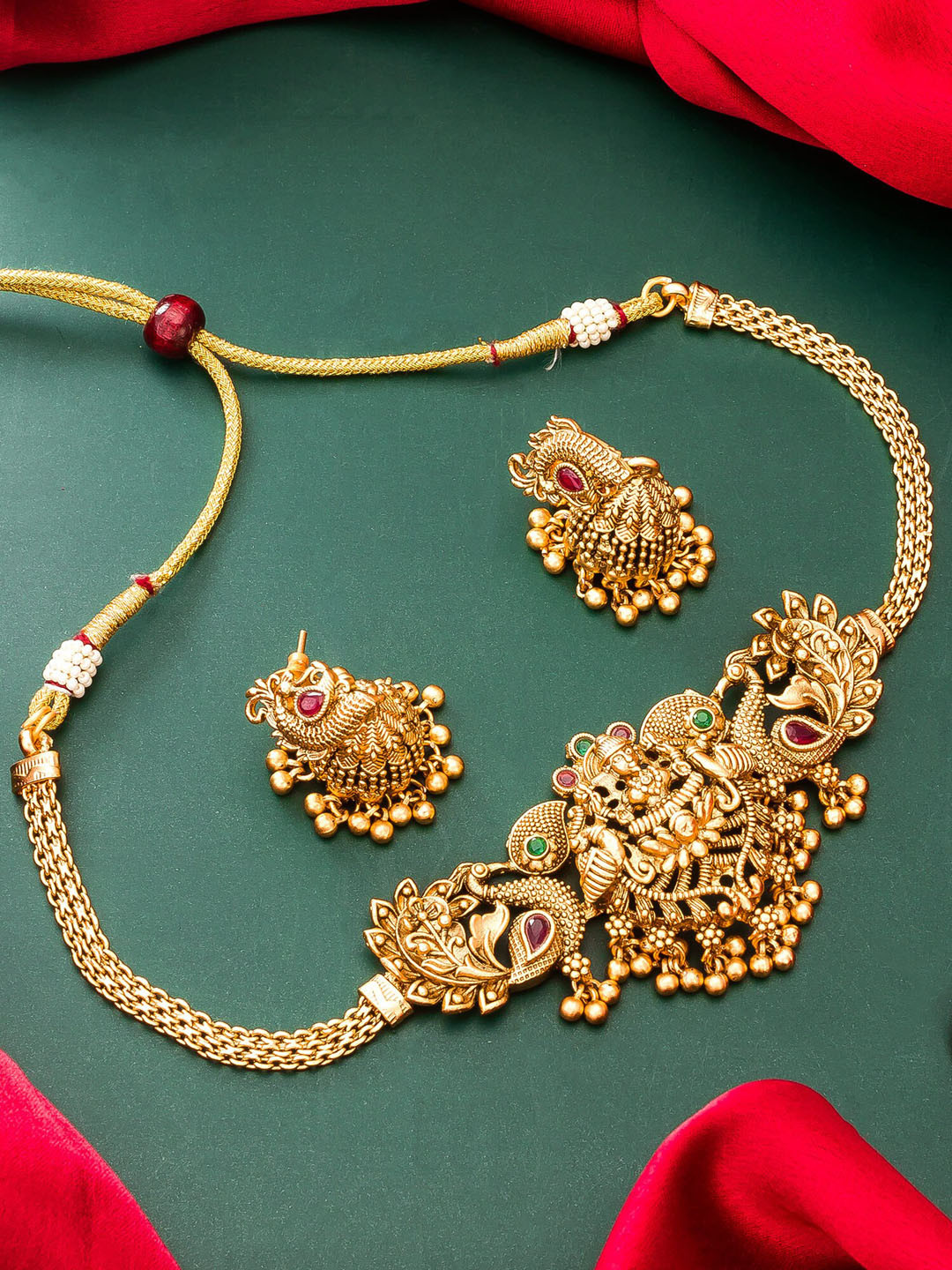 aadita Gold-Plated Stones-Studded & Beads-Beaded Temple Jewellery Set