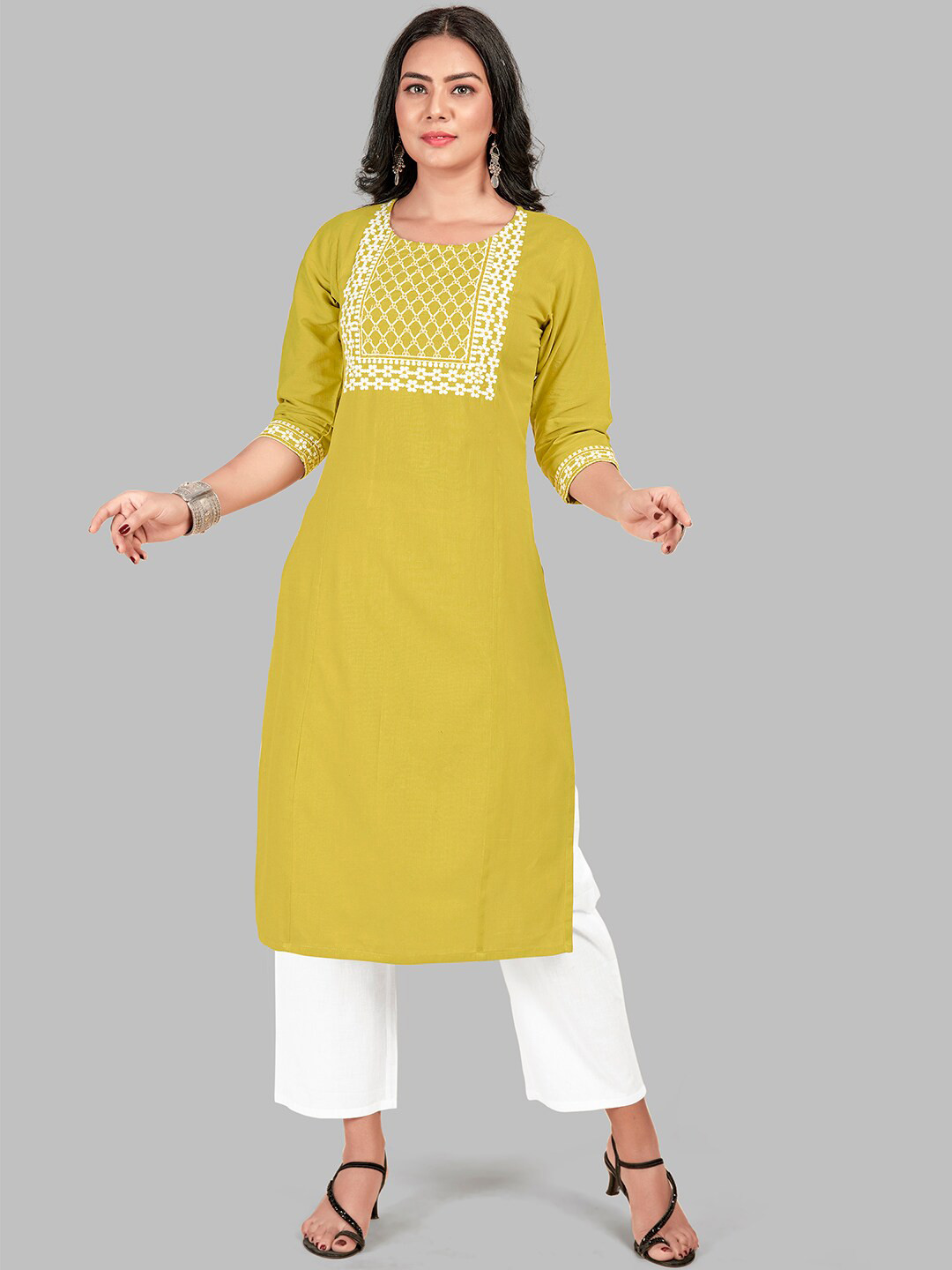 NH KAPDEWALA Women Embroidered Panelled Thread Work Pure Cotton Kurta with Trousers