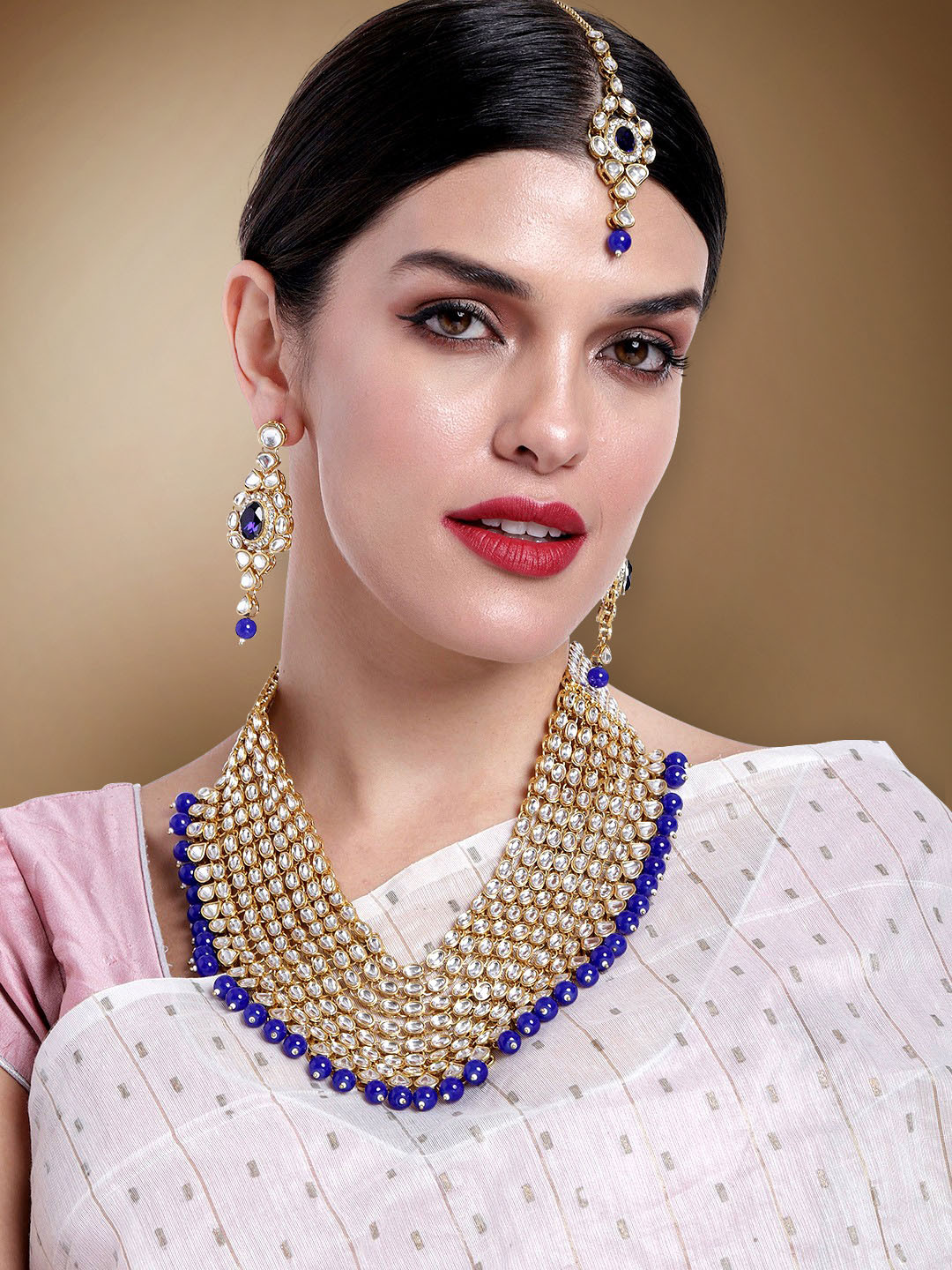 Peora Kundan Pearl Multi Layered Long Necklace Jewellery Set
