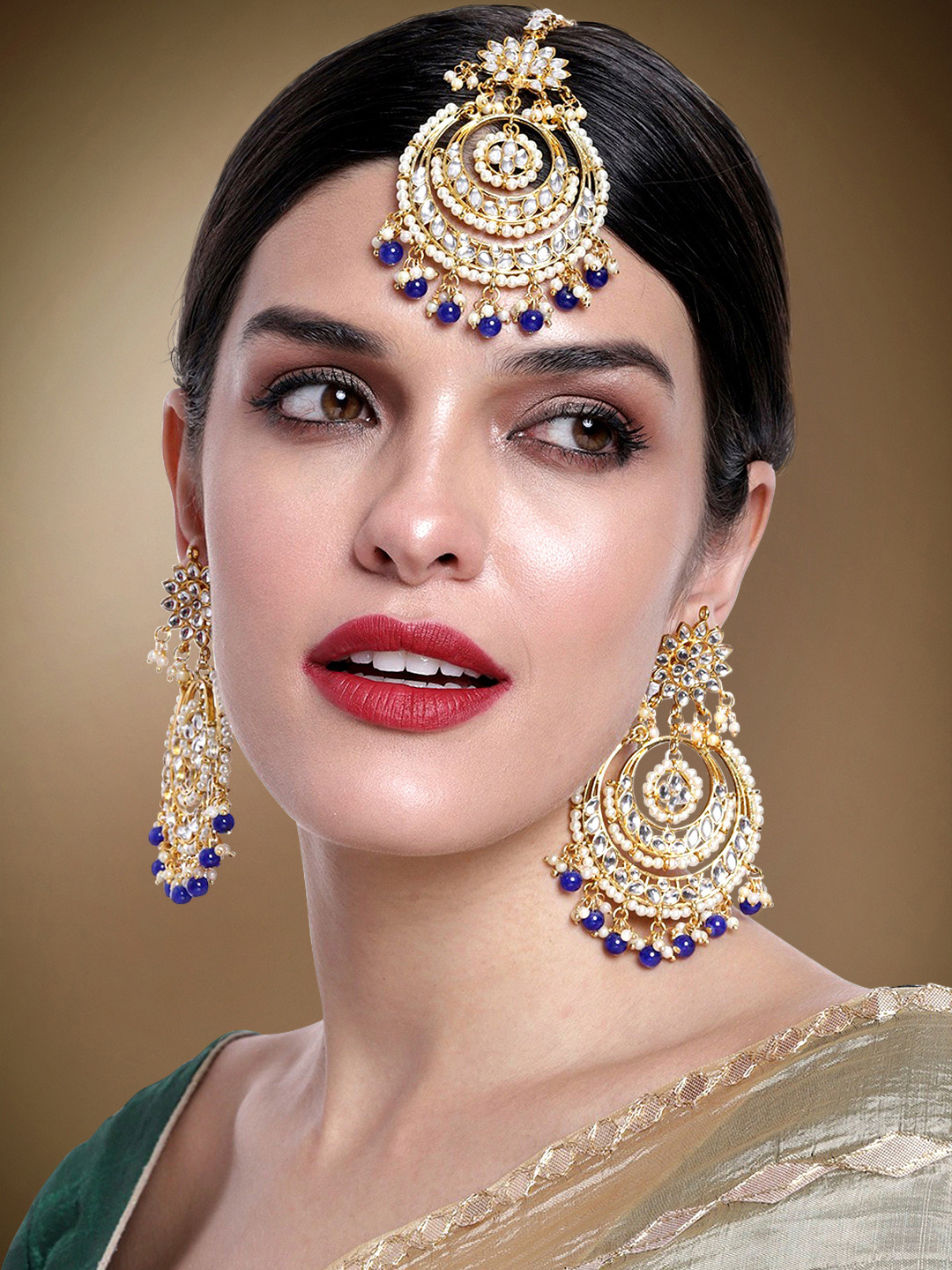 Peora Blue Gold Plated Kundan & Pearl Studded Jewellery Set